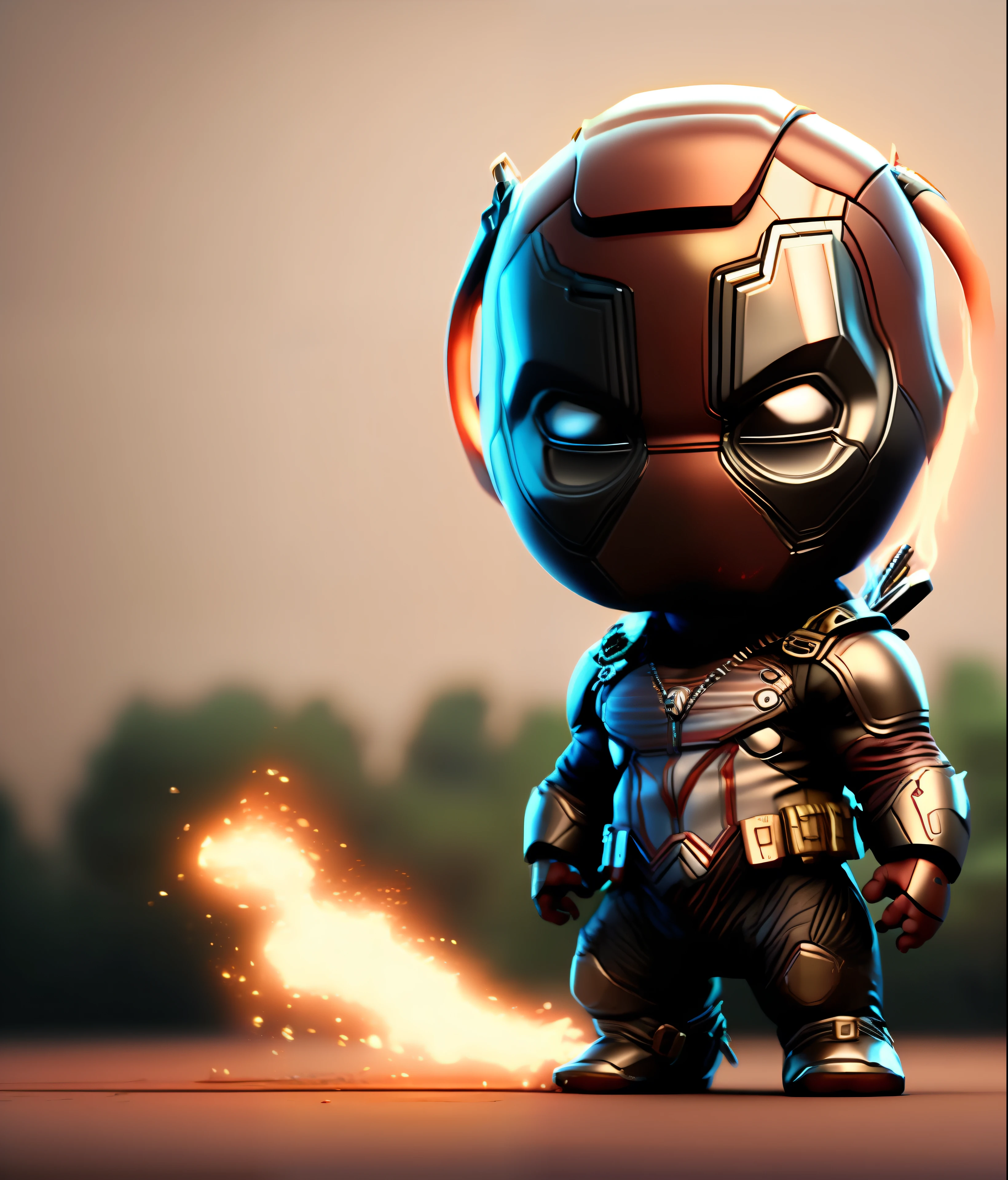cinematic shot of  realistic cute deadpool , surounded by fire, seamless, epic, cinematic, intricate detail, award winning, great lighting, shading, high quality, detailed