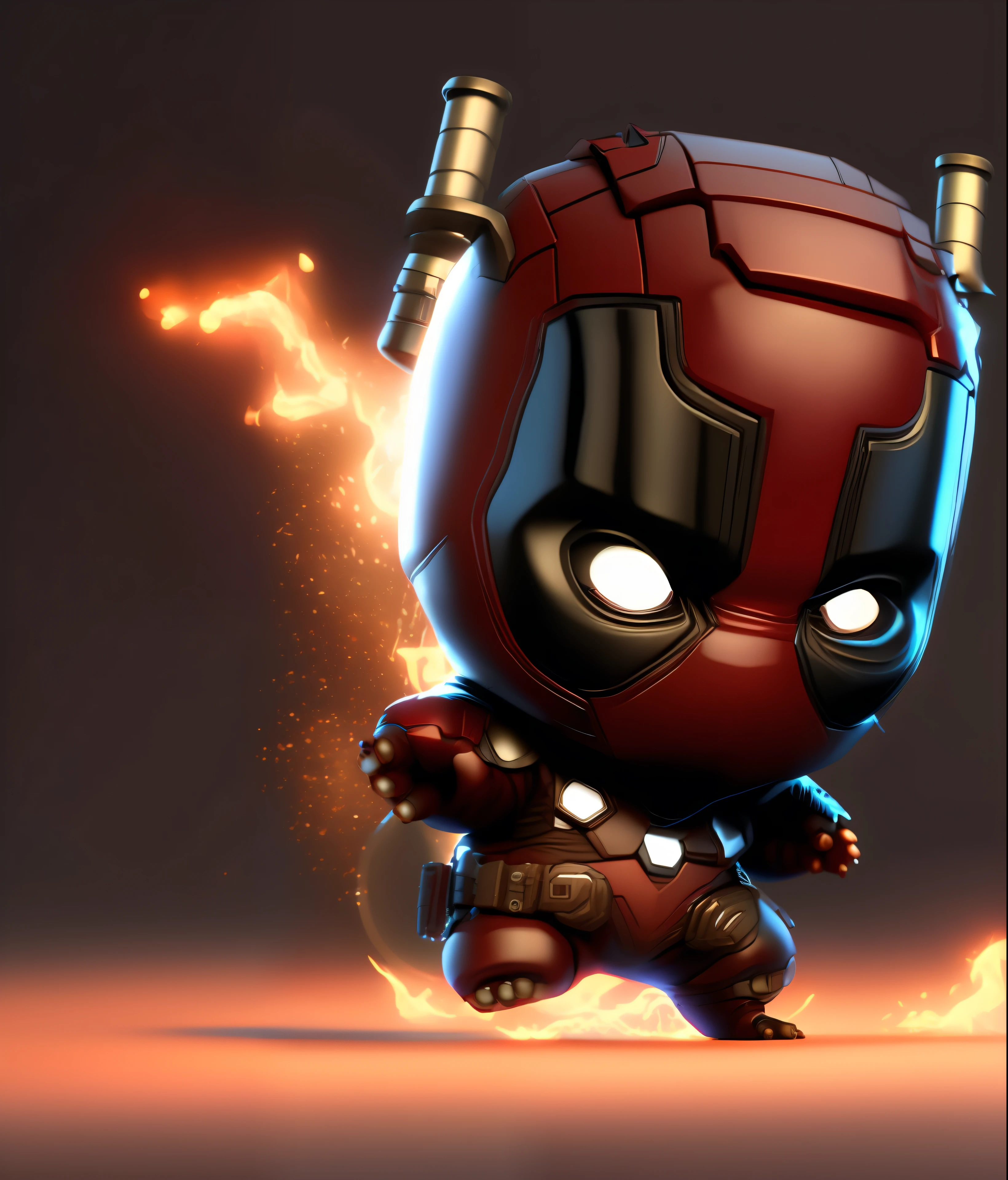 cinematic shot of  realistic cute deadpool , surounded by fire, seamless, epic, cinematic, intricate detail, award winning, great lighting, shading, high quality, detailed