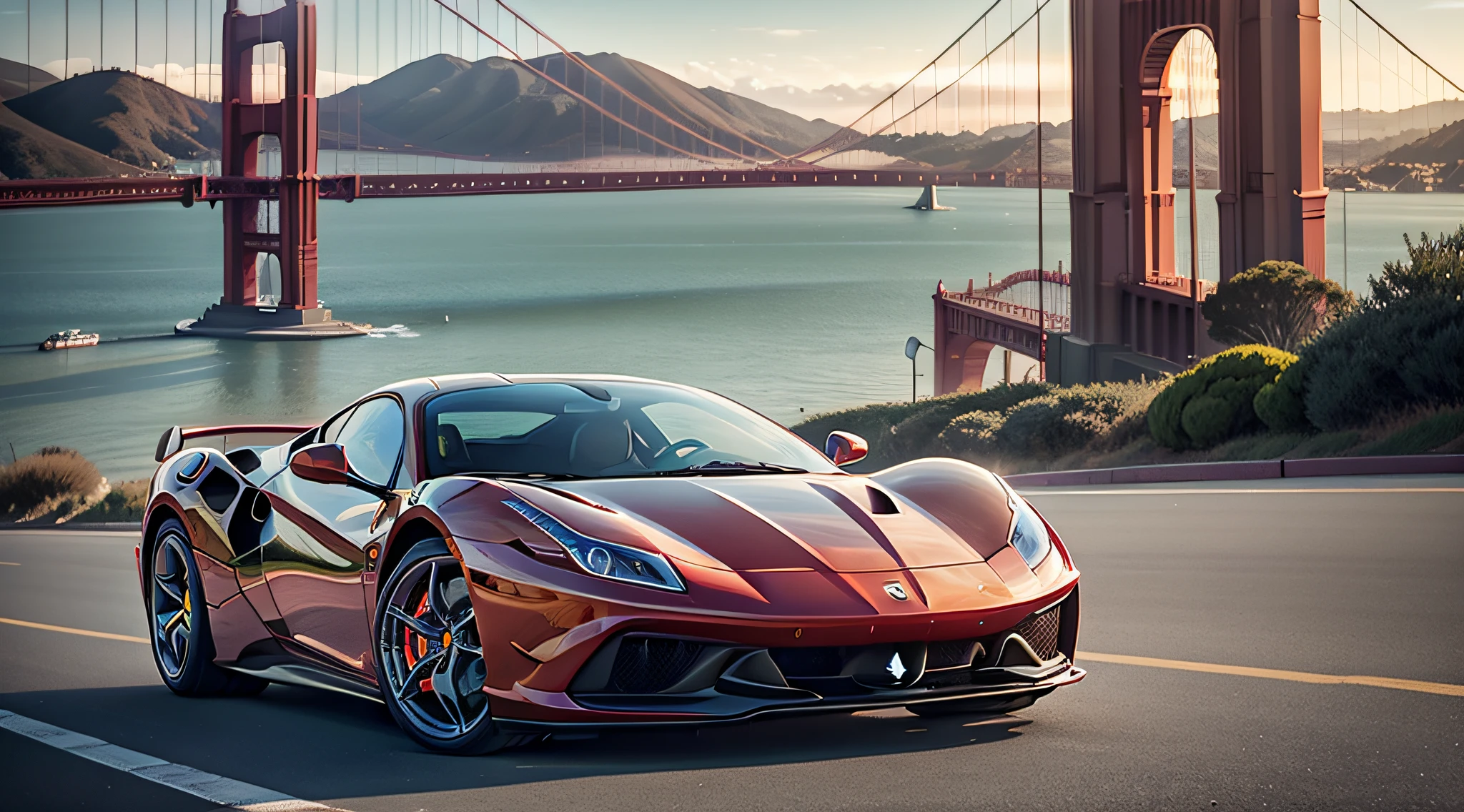 A dreamy and fantastical photo of a ferrari car, with a backdrop of the famous Golden Gate Bridge in San Francisco