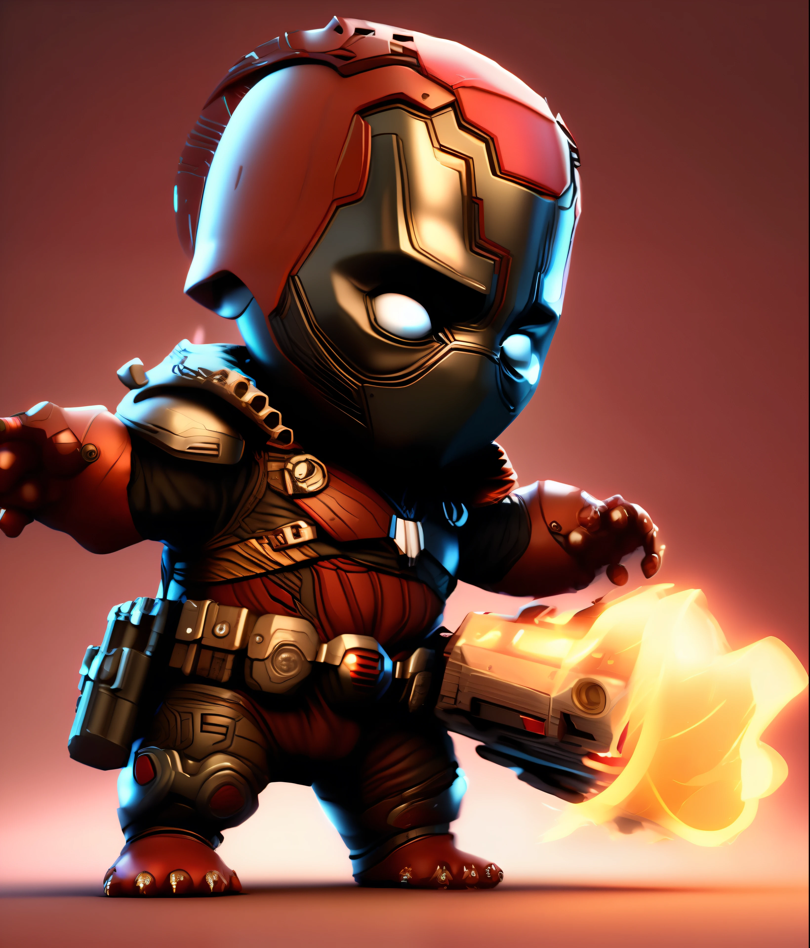cinematic shot of realistic cute deadpool , surounded by fire, seamless, epic, cinematic, intricate detail, award winning, great lighting, shading, high quality, detailed