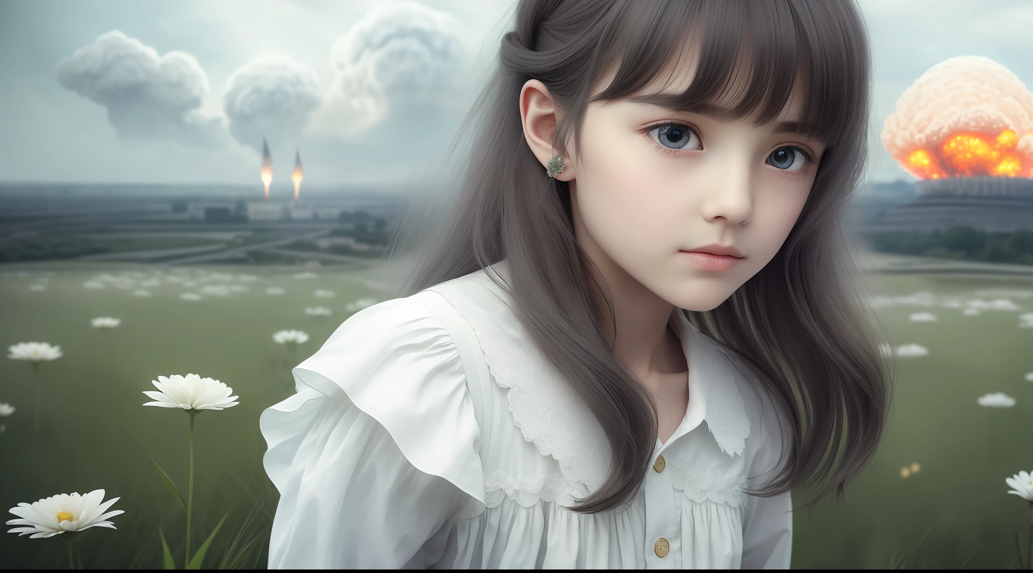 Masterpiece,Best quality, illustration,{A charming and delicate boy of 14 years old},Wide landscape photos, (look from down, The sky is above, The vacant lot is below),beautiful detailed glow,(flame of war:1.2),(nuclear explosion behide:1.3),rain, Detailed lighting,detailedwater,(Innocent and delicate eyes:1.1),Expressionless,Palace,Azure hair,Disheveled hair,Long bangs,hairs between eyes,(whitegreydress:1.1),Black ribbon,white bowties,midriff,big forhead,Blank stare,flower,Long sleeves
