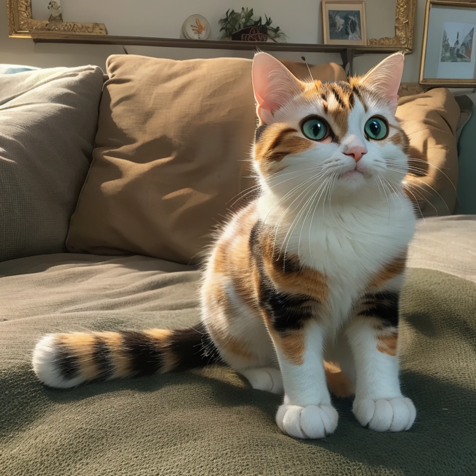 Unbeatable masterpiece，Ultra-realistic 8K CG，Perfect artwork，Cute cats，calico cat，Stand on the couch，short hairs，shaggy，Very rich in detail，astonishing detail，Very clear hair，perfect  eyes，Perfect paws，Perfect tail