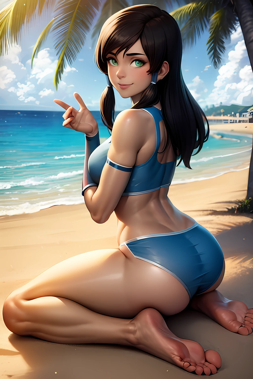 masterpiece, best quality, 1girl, korra, green eyes, smile, sitting, feet up, soles, ass, beach, ocean, sand,