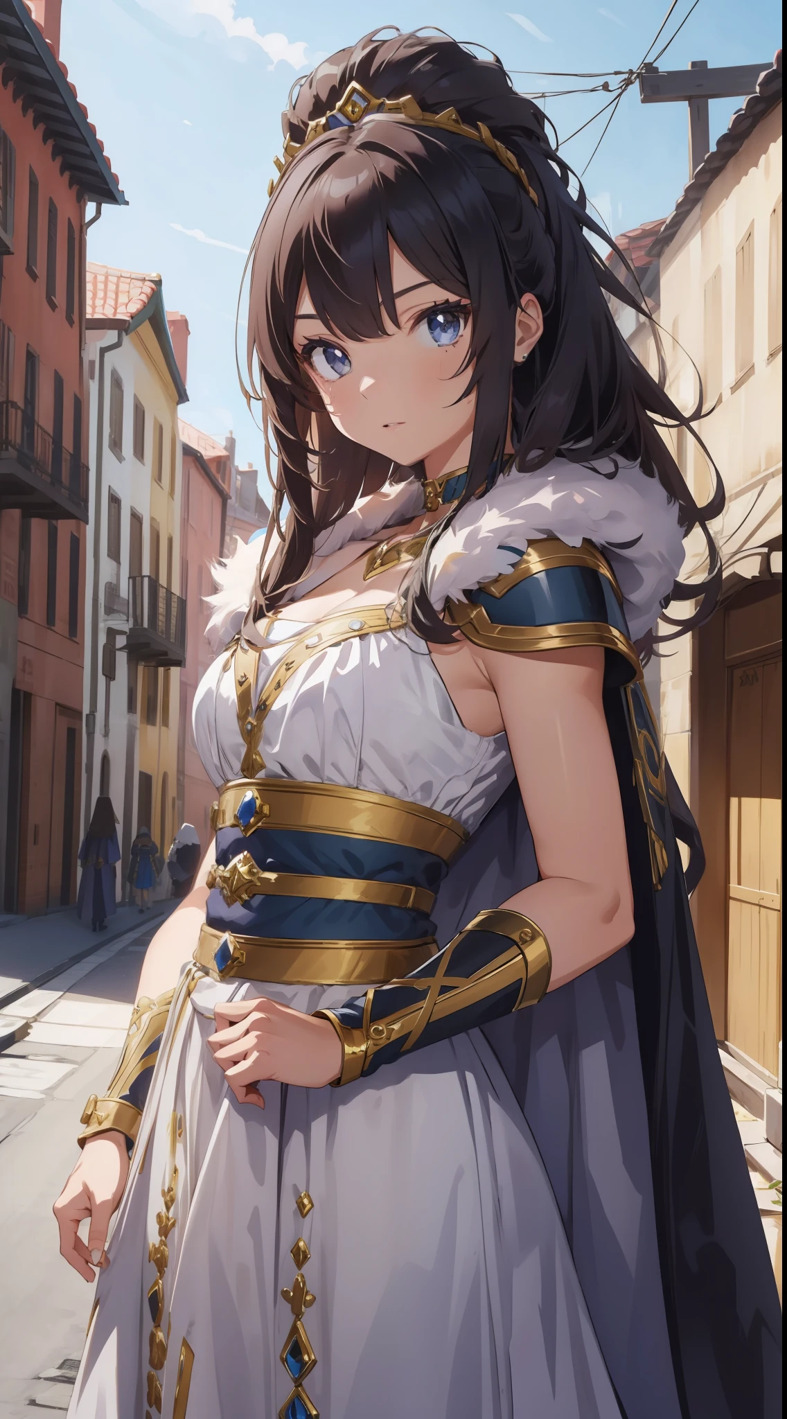 (tmasterpiece,top-quality,best qualityer,offcial art,Beauty and aesthetics:1.2),(1girll),(warrior queen armor,Fur cape,Bejeweled Crown:1.2),stately