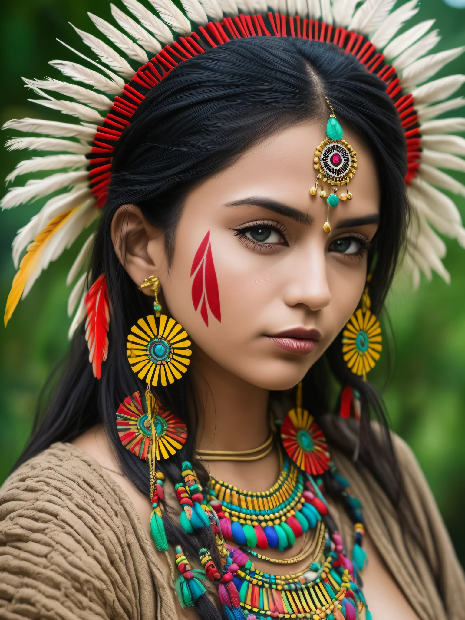 ((mulher jovem, indigena, linda e atraente)), com 19 anos de idade, (master part:1.2), rosto altamente detalhado, Looking sideways at the camera, (foco nítido: 1.2), (NSFW1.2), ((wearing an indigenous outfit)), Indian tribe, (Imagem ultrarrealista com detalhes intrincados).