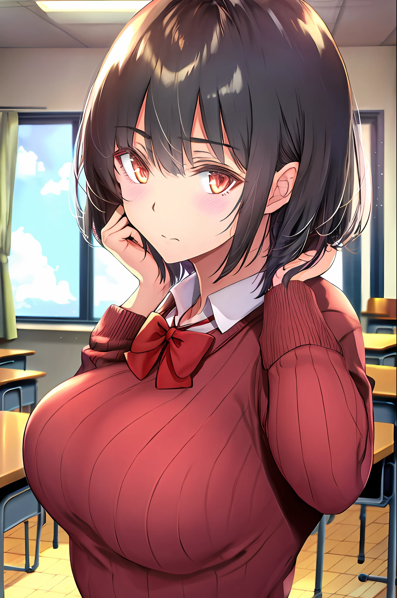 masterpiece, best quality, 1girl, arm behind head, arm up, bangs, black hair, blush, red bowtie, closed mouth, short hair, indoors, looking at viewer,  school desk, classroom background, virgin killer sweater