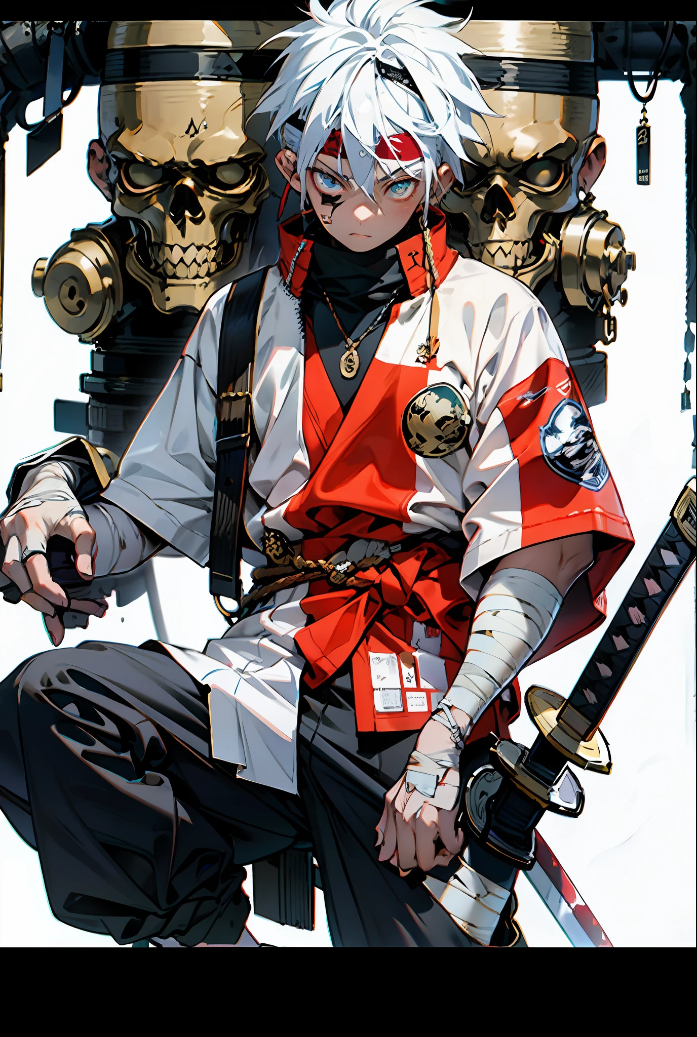 sword, weapon, katana, sheath, male_focus, sheathed, scabbard, bandages, 1boy, headband, white_hair, solo, weapon_on_back, ready_to_draw