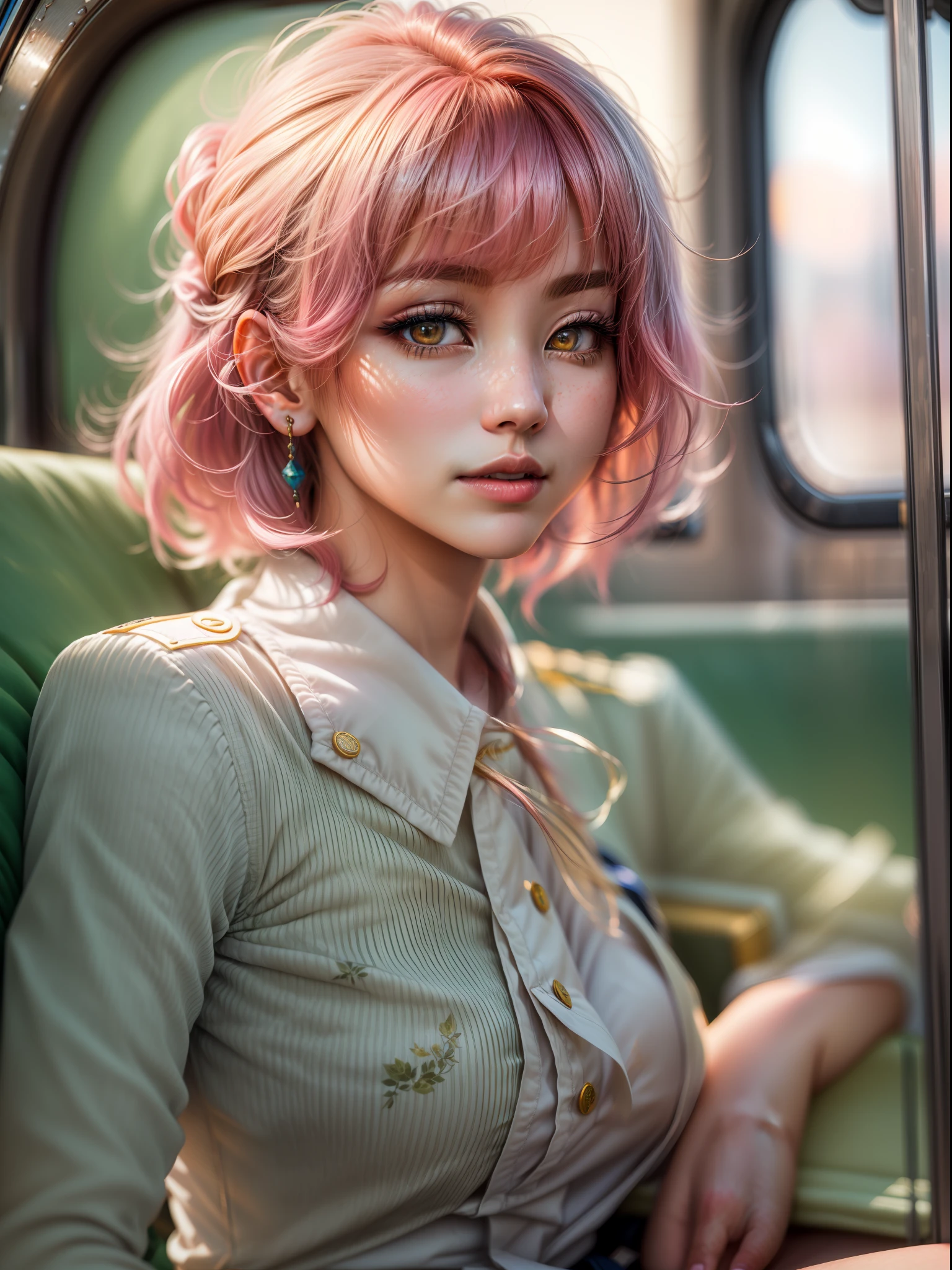 (masterpiece, high resolution:1.3), (portrait of a South Korean woman with pink hair:1.2), (her eyes a striking shade of yellow:1.1), (Nikon Z6 II camera, renowned for capturing exceptional details and colors:1.2), (paired with the Nikon NIKKOR Z 50mm f/1.8 S lens:1.2), (her thick and black eyebrows framing her perfect nose:1.1), (her flawless and expertly makeup-enhanced face:1.1), (a uniformed flight attendant wearing a blue outfit:1.1), (the woman sitting alone near the window inside a train wagon:1.1), (the rays of the setting sun providing a warm and magical illumination:1.1), (the Nikon Z6 II camera capturing the scene with remarkable clarity and sharpness:1.1), (the Nikon NIKKOR Z 50mm f/1.8 S lens producing a beautiful background blur:1.1), (a moment of tranquility and grace:1.1), (the woman's pink hair adding a touch of uniqueness to the portrait:1.1), (her yellow eyes drawing attention and curiosity:1.1), (the soft and warm sunlight creating a captivating ambiance:1.1), (a portrayal of serenity and elegance:1.1), (the setting sun's rays casting a gentle glow on her face:1.1), (the flight attendant uniform symbolizing professionalism and travel:1.1), (the composition capturing the beauty of solitude and reflection:1.1), (a timeless image that embraces cultural diversity and beauty:1.1), (a photo that celebrates the charm and allure of South Korean culture:1.1), (a perfect balance of colors and lighting creating a captivating atmosphere:1.1), (the Nikon Z6 II and NIKKOR Z 50mm f/1.8 S lens combination capturing the essence of the moment:1.1), (the woman's composed demeanor adding to the portrait's allure:1.1).
