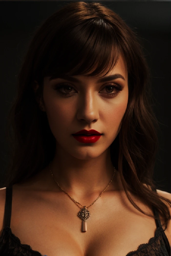 1girl, solo, jewelry, breasts, necklace, cleavage, realistic, brown hair, brown eyes, looking at viewer, large breasts, lips, makeup, long hair, upper body, lipstick, black hair,slate atmosphere, cinematic, dimmed colors, dark shot, muted colors, film grainy, lut, insane details, intricate details,