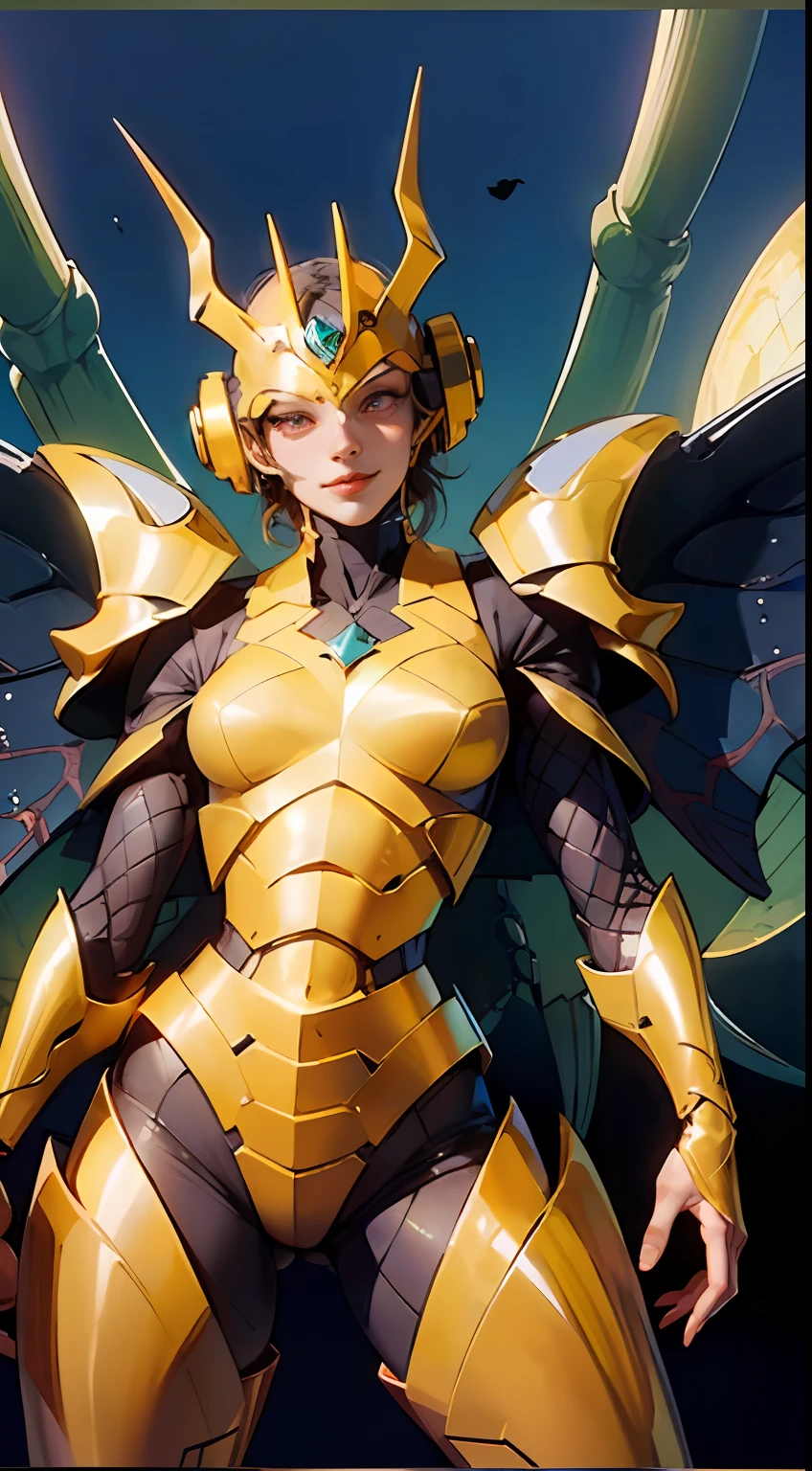 Woman in hot insect crustacean、Guyver Style、evil smile、Scarabeleploid、(​masterpiece, :1.3),(top-quality:1.4), (超A high resolution:1.2), (A detailed eye), Bellows tail、Cel Shade Adult Animation、Alien Queen、