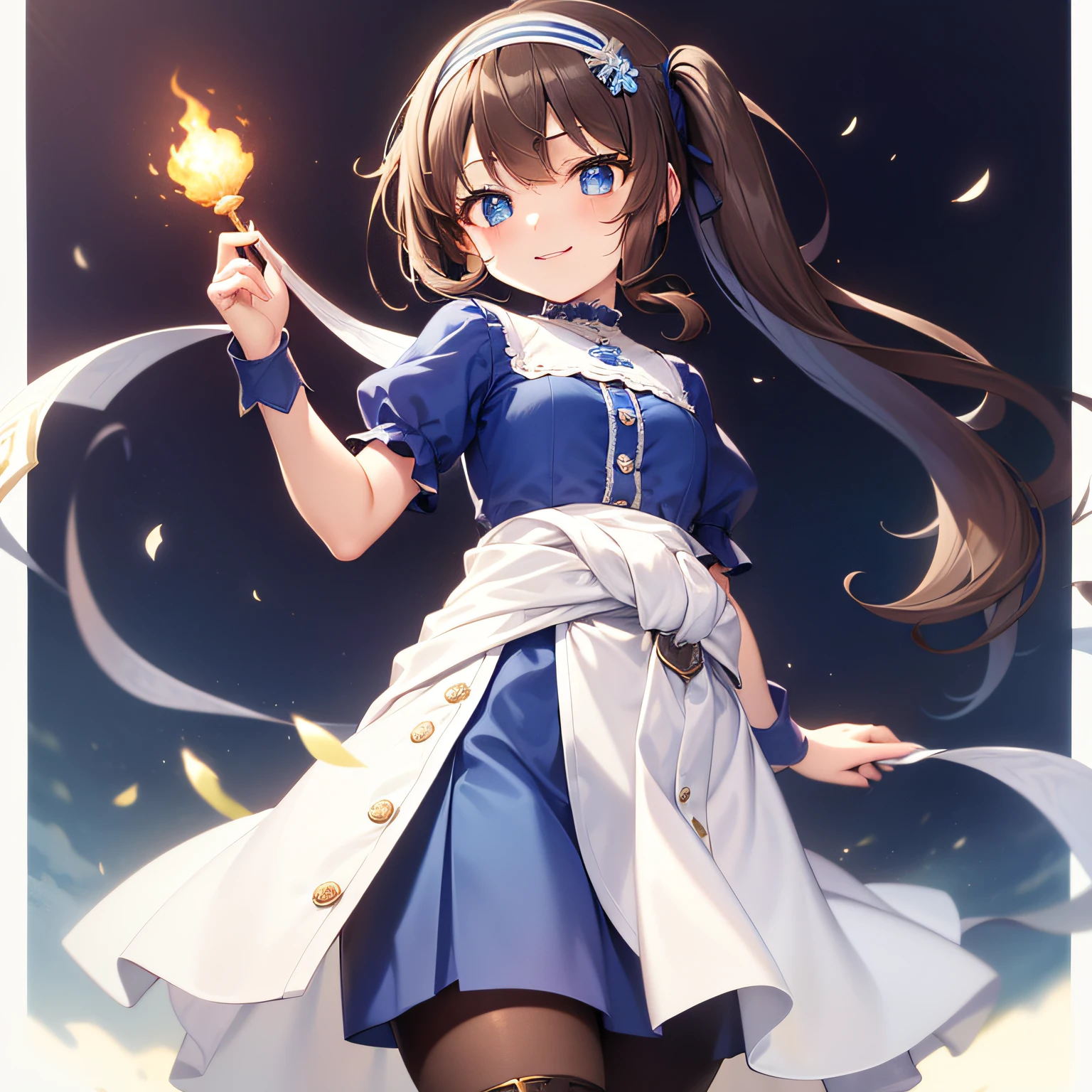 top-quality、extremely delicate and beautiful、 Girls、small tits、((((Solo Girl))))、11years old girl、(dark brown hair)、Blue clothes with vertical buttons、Belt at waist、White skirt、((((poneyTail))))、(white hairband)、(Brown boots)、blue eyess、is standing、A smile、Sister of the Brave