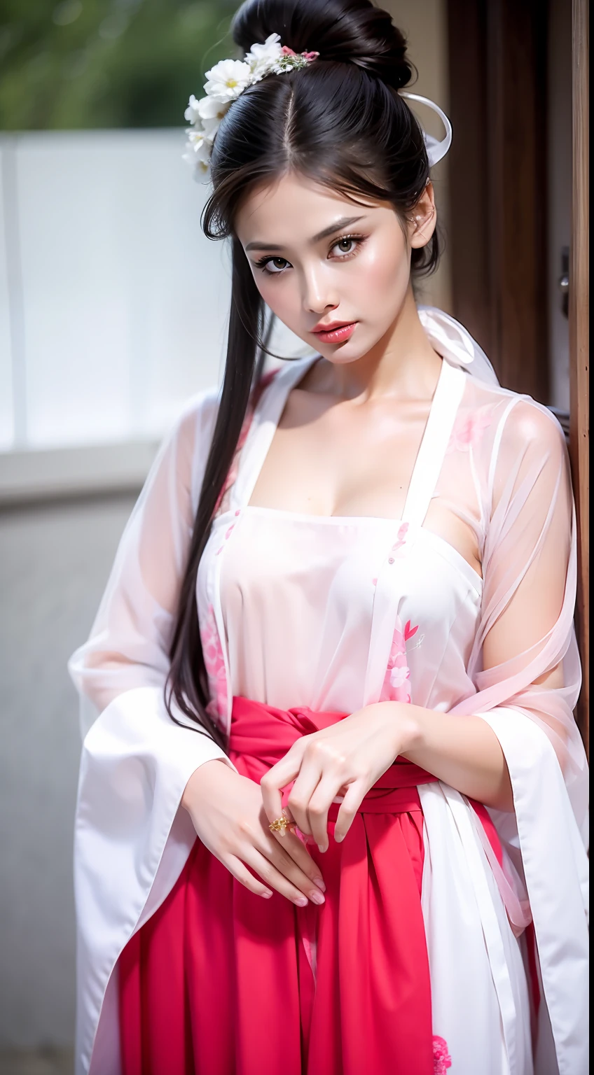 Fashion model  [[[[closeup cleavage]]]], [[[[boobgasm]]]], [[[[coll]]]], [[[[bshoulders]]]], perfect  eyes, Perfect iris，perfect lips，perfect teeth，Perfect skin，Long face，HDR，filmgirl，red attire，white apparel，Pink clothing，White or pink flowers on the background，（pastel colour：1.2）
