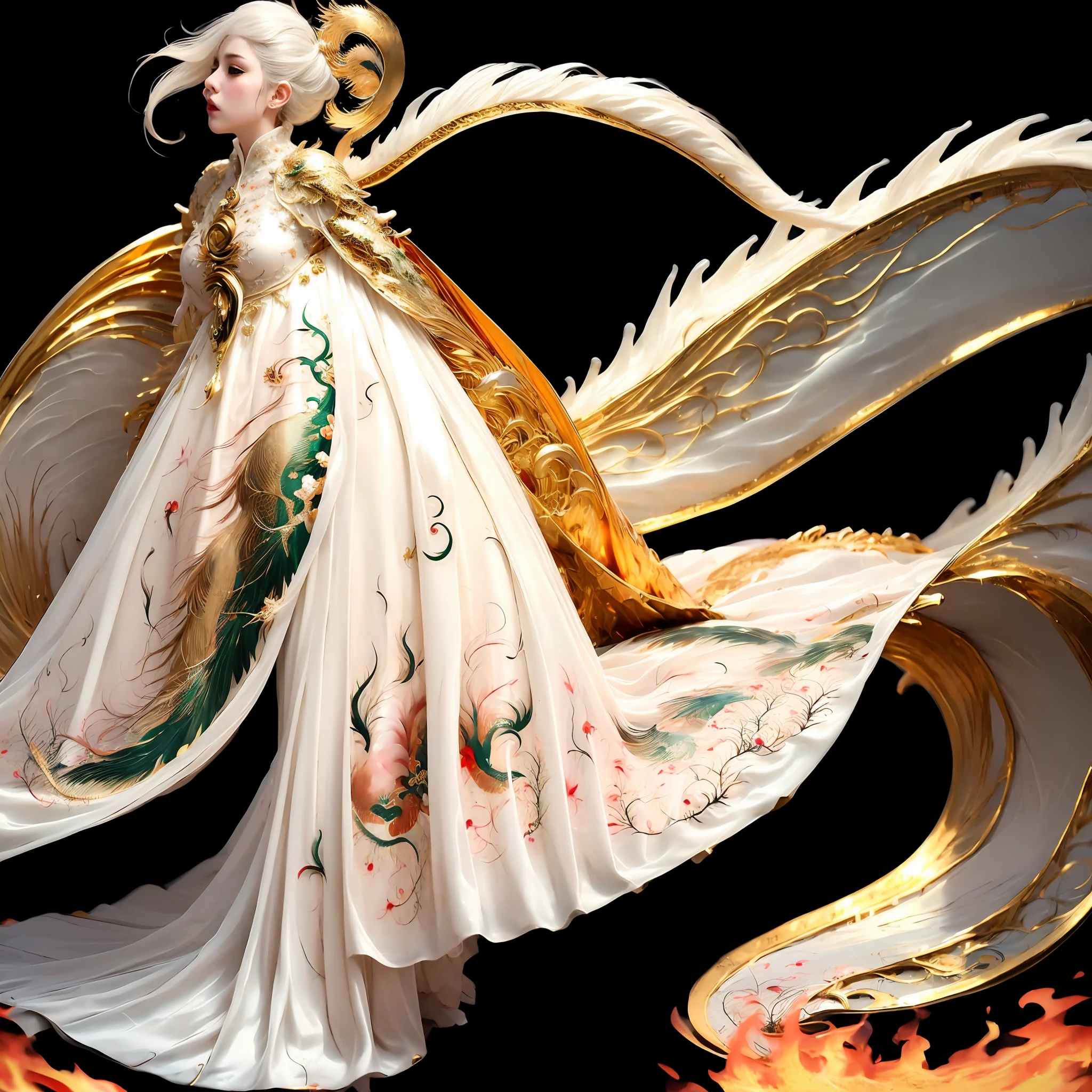 (masterpiece), (best quality), (super delicate), (illustration), (extremely delicate and beautiful), (dynamic angle), white and black highlights, (legendary Dragon queen:1.3),(complex details) ,golden eyes, green pupils, delicate face,messy floating hair, messy hair, focus, perfect hands, (fantasy wind),handsome shape,((((The flames burning behind the young woman)))), (the battlefield behind the young woman:1.2), (((Bloody))),long hair:1.2,hair stick:1.2,bun:1.2, full body:1.2,dragon horn:1.2,(((flowing))),nhjy, a white dress with gold accents on a mannequin