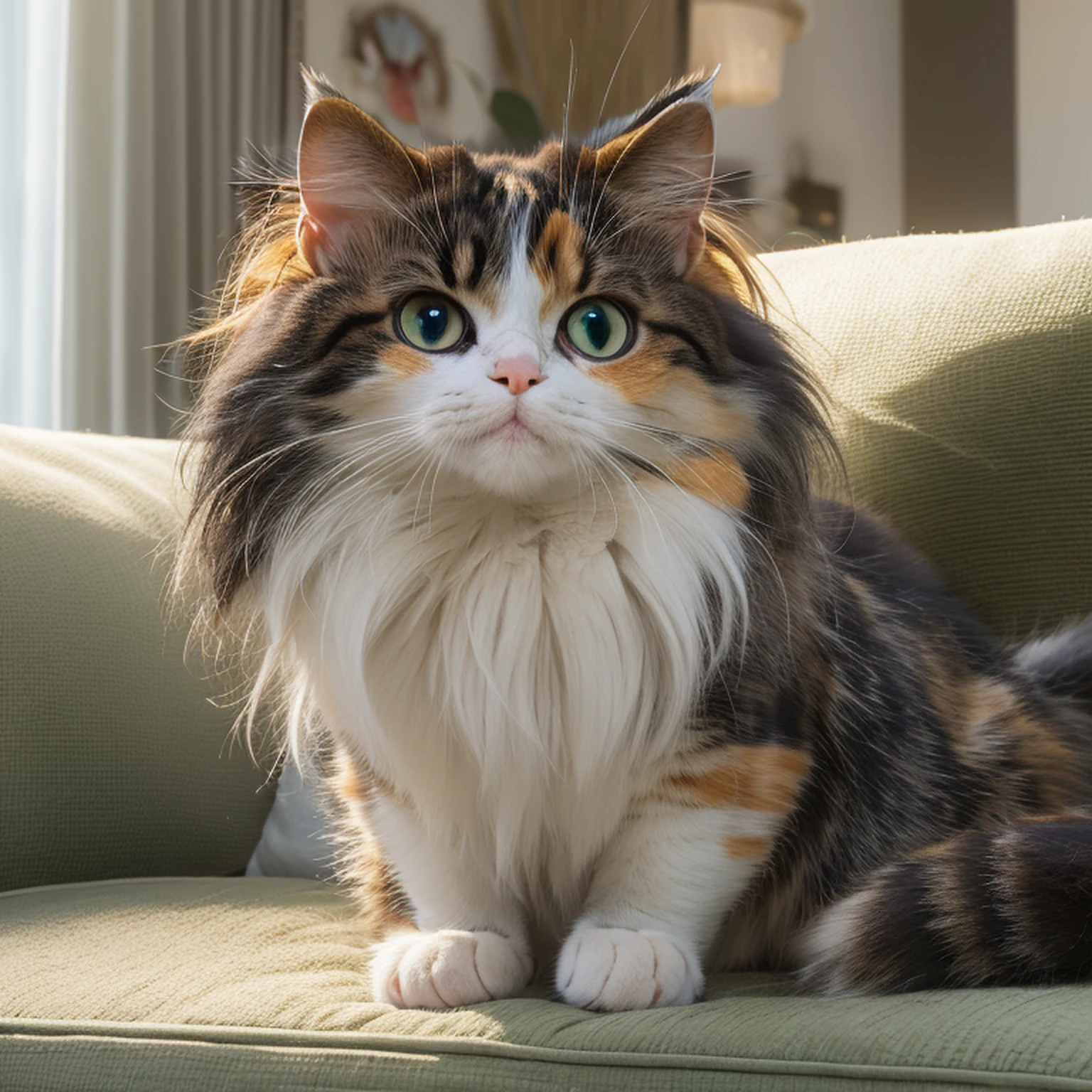 Unbeatable masterpiece，Ultra-realistic 8k CG，Perfect artwork，cute cats，calico cat，Now on the couch，shaggy，Very rich in detail，astonishing detail，Very clear hair，perfect  eyes，Perfect paws，Perfect tail