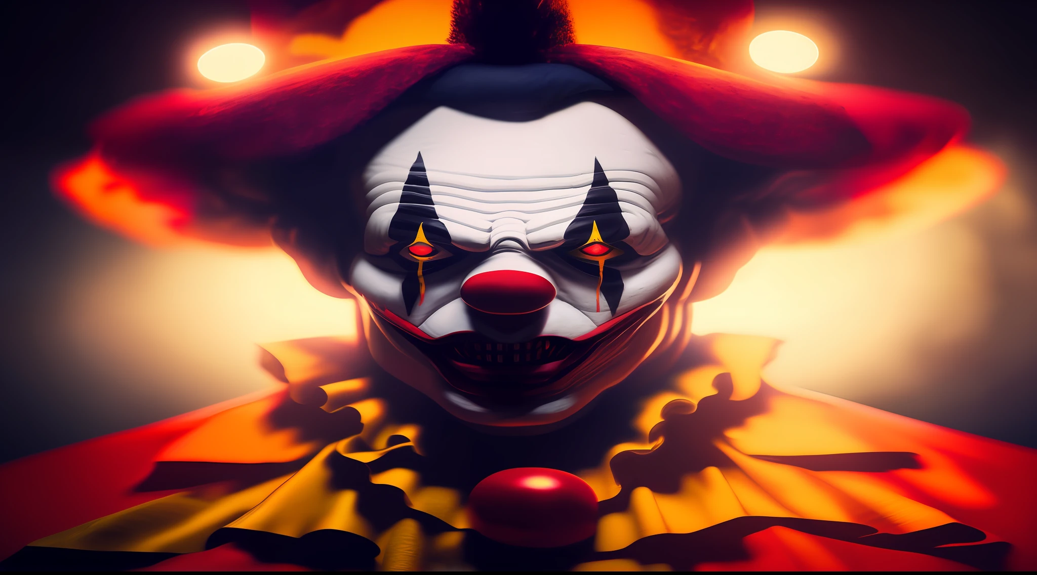 Scary photo of a clown in the middle with the zombie face, atmosfera assustadora. Dark night style photography with flash and lights on in an old house is qdos the places around you cinematic lighting 8k masterpiece painting detailed hyper realistic rendering highly symmetrical intricate octane engine unreal redshift hd artstation deviantart close up portrait behance cgsociety concept volumetric light