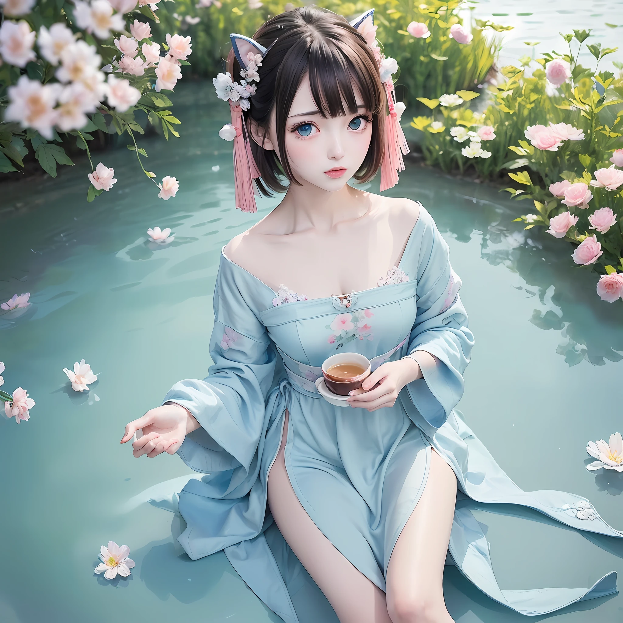 (((masterpiece))),best quality,watercolor,(((illustration)),((Chinese_style)),

(((beautiful detailed girl))),small chest,cat,tea,

((delicate cute face)),blue_eyes,watery_eyes,

bob_cut,white_hair,flower,

(hanfu),silky,pink,luxuriant,layered dress,

(in_spring),beautiful_landscape,light particles,