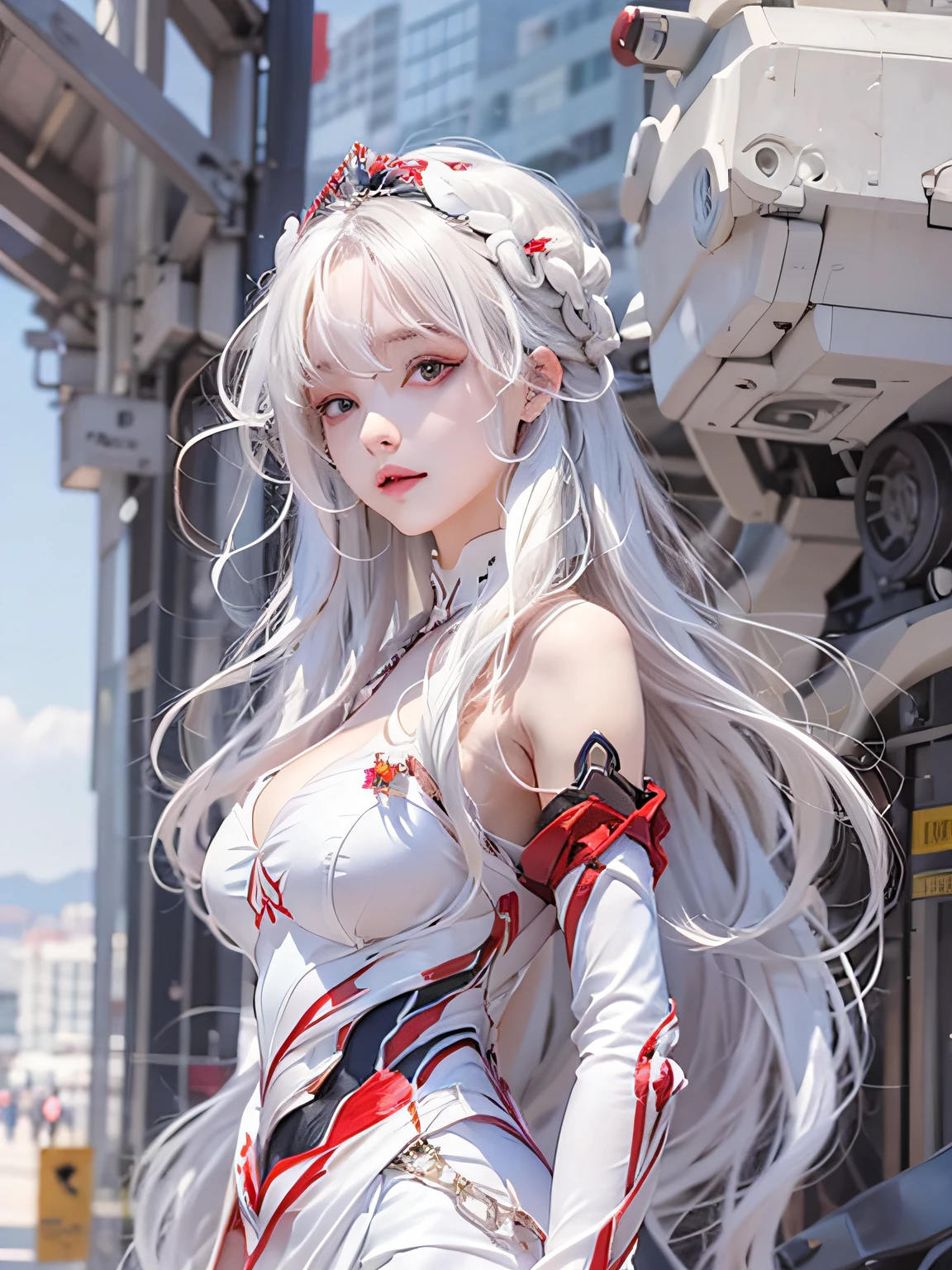 first-person view,long_hair,white_hair,red_eyes,white pantyhose,mecha girl,evening dress,,