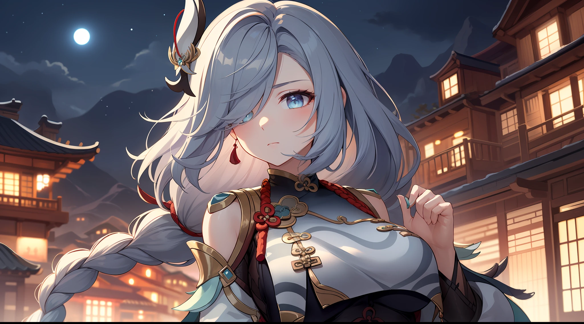 shenhedef, upper body, serious expression, blush, outdoors, night, liyue house background, dark moon sky, short hair, sky, beautiful nature surrounding near canyon, looking at viewer, mountain, moody lighting, (perfect detail eyes:1.2), glowing eyes, (long hair braid:1.2)