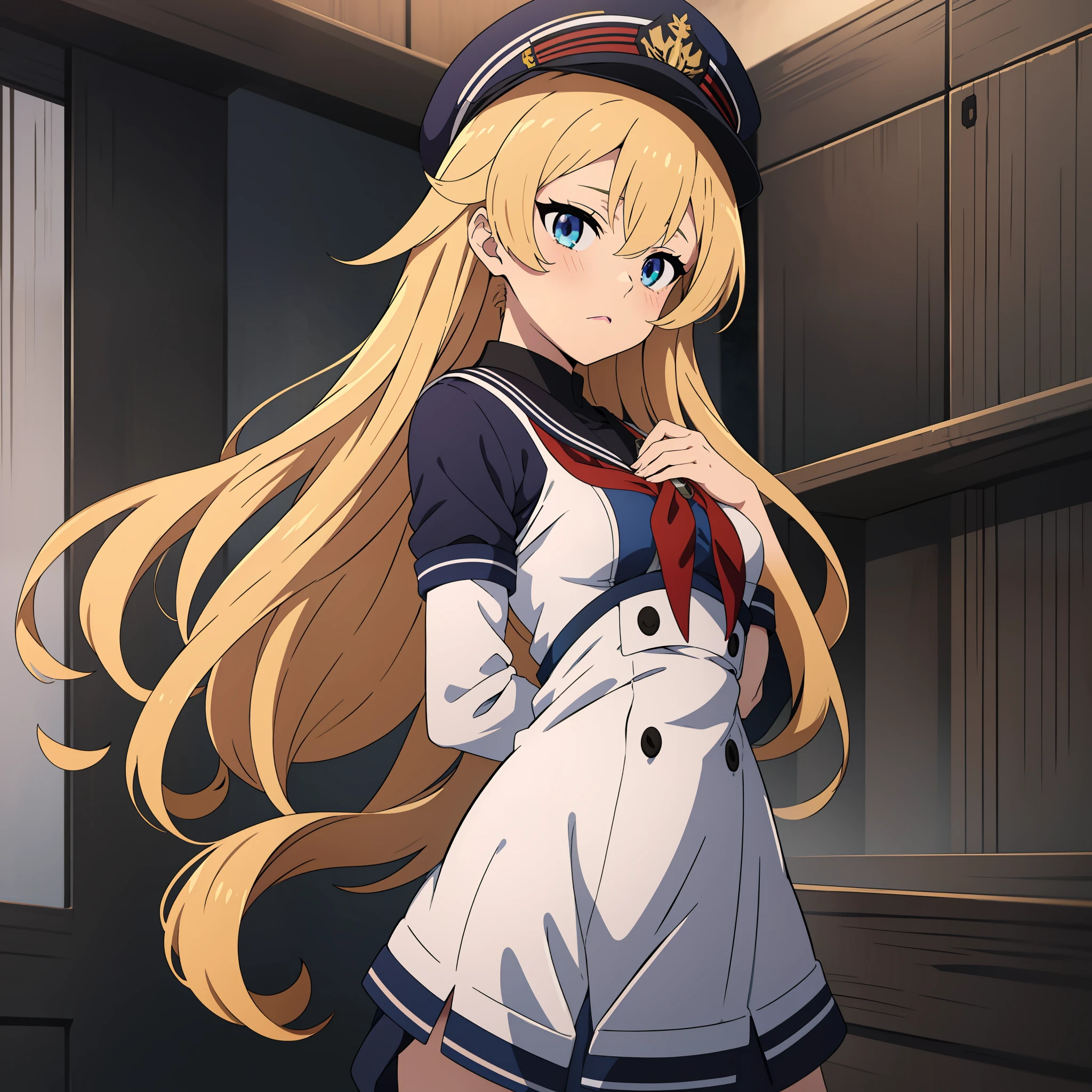 anime girl in sailor outfit with scissors and a hat, blonde anime girl with long hair, azur lane style, seductive anime girl, female anime character, attractive anime girl, pixiv 3dcg, from the azur lane videogame, ecchi, smooth anime cg art, anime girl named lucy, zerochan art, ecchi anime style