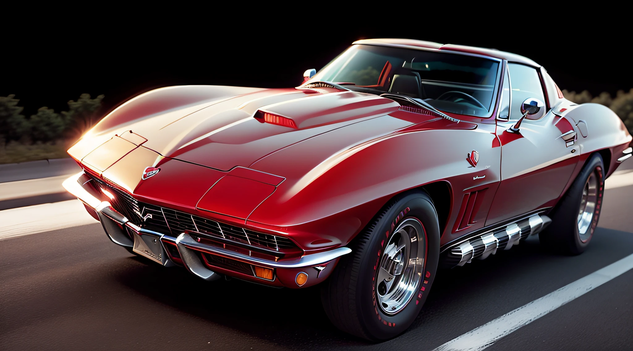 analog photo of a deep red 1968 Chevrolet Corvette C3 Stingray. The photo is taken from the car at night. Lights on. with a old pentax and a pro 50 mm lens, sharp focus, low contrast