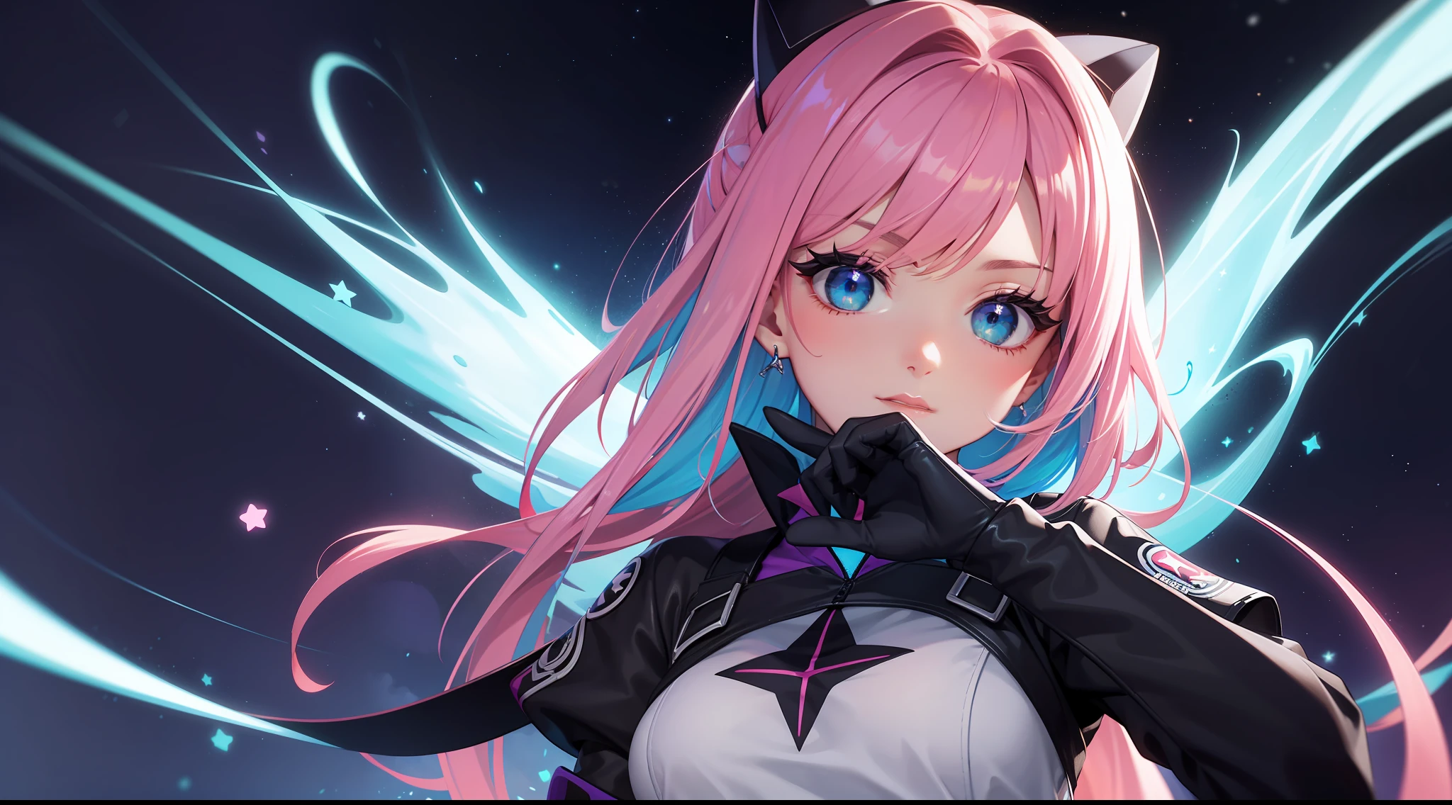 Mulher ninja com fone de ouvido sentido paz, olhos brilhantes com estrela, rosto bonito, cores RGB, cabelo rosa brilhante, colorido anime, fundo brilhante, Banner for youtube video, feliz, nuvens com cores RGB, cores RGB brilhantes, completo, ser celestial, garota gamer.