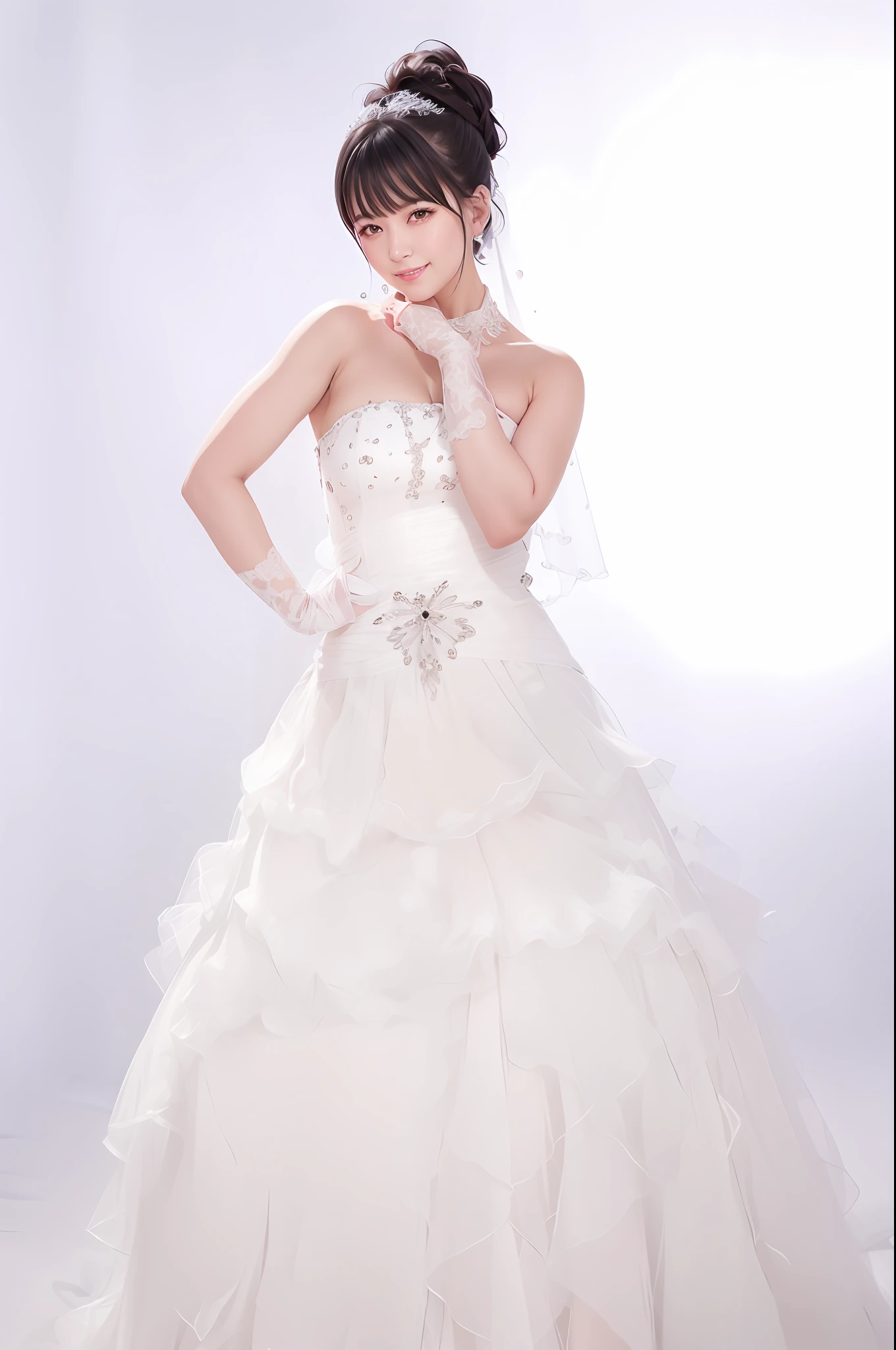 arafed woman in a wedding dress posing for a picture, wearing organza gown, ruched bodice, Wedding dress, Wearing a wedding dress, White gown, detailled image, Detailed picture, in wedding dresses, wearing long gown, White!!, Beautiful wedding dress, dressed beautiful gown, white regal gown, kaftan, marketing photo, height of 165cm