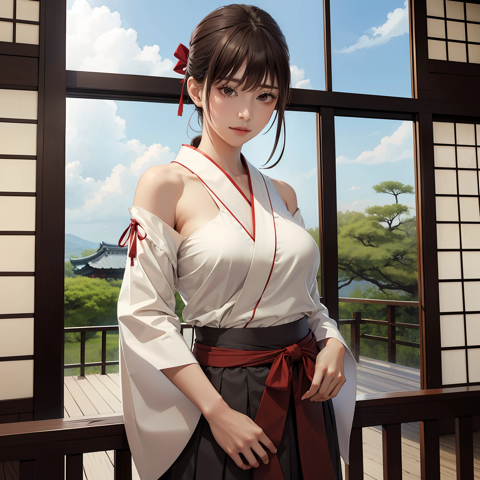 1girl, bangs, bare_shoulders, blue_sky, breasts, brown_eyes, cloud, cloudy_sky, day, detached_sleeves, fence, hair_between_eyes, hair_ribbon, hakama, hakama_skirt, japanese_clothes, kimono, large_breasts, long_hair, looking_at_viewer, obi, railing, red_hakama, red_ribbon, ribbon, sash, shouji, sky, sliding_doors, solo, tree, veranda, white_kimono
((best quality)), ((masterpiece)), (detailed), Sagirin