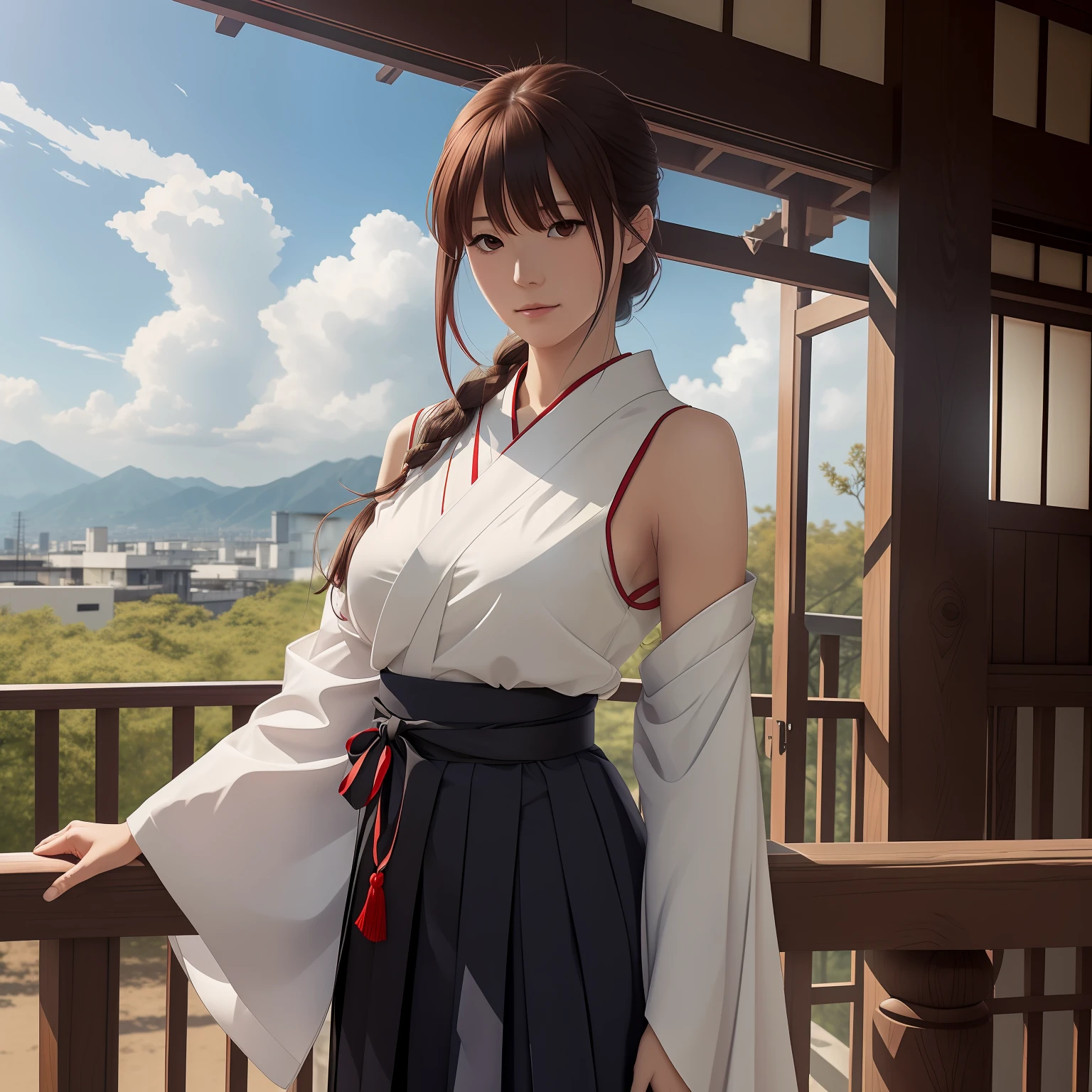 1girl, bangs, bare_shoulders, blue_sky, breasts, brown_eyes, cloud, cloudy_sky, day, detached_sleeves, fence, hair_between_eyes, hair_ribbon, hakama, hakama_skirt, japanese_clothes, kimono, large_breasts, long_hair, looking_at_viewer, obi, railing, red_hakama, red_ribbon, ribbon, sash, shouji, sky, sliding_doors, solo, tree, veranda, white_kimono
((best quality)), ((masterpiece)), (detailed), Sagirin