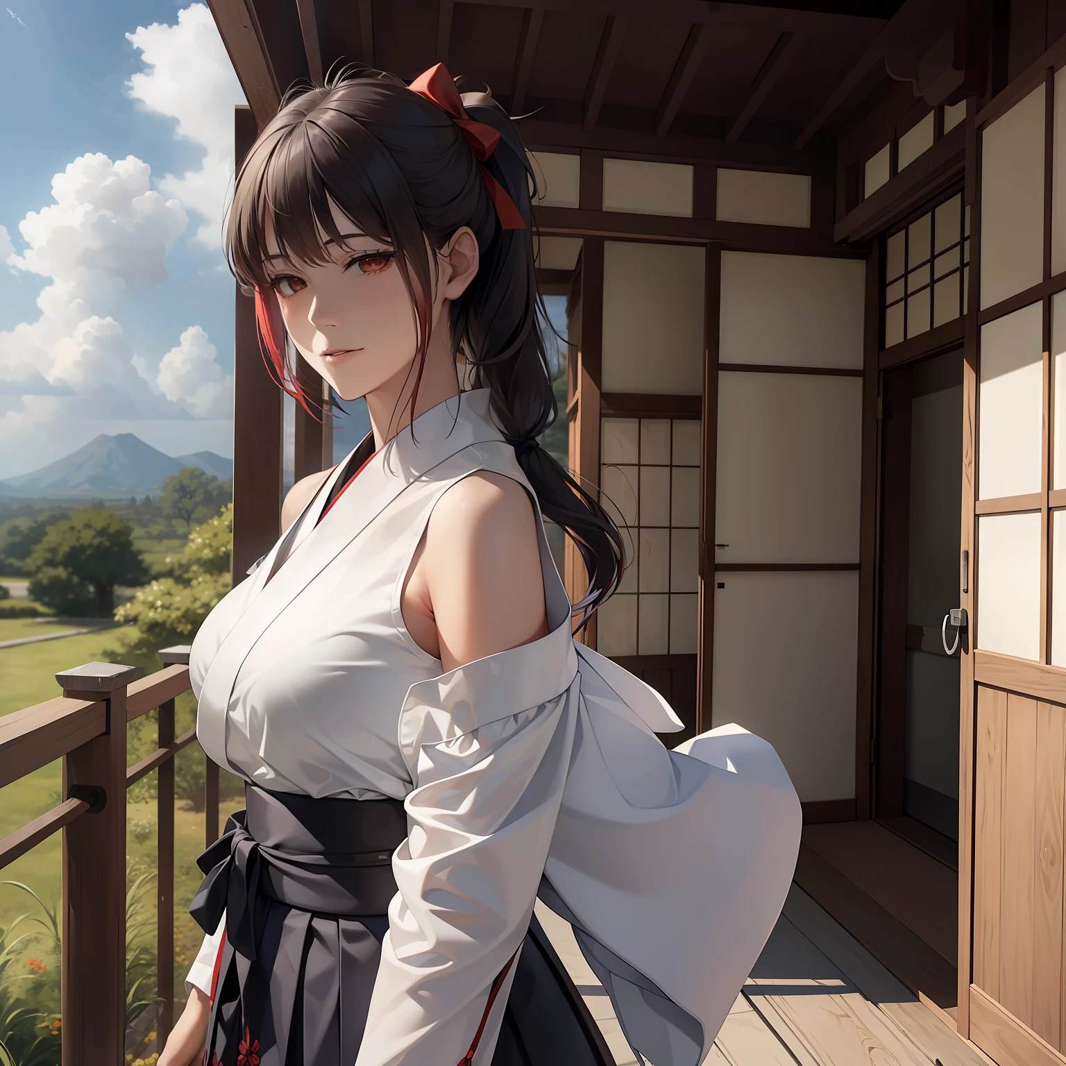 1girl, bangs, bare_shoulders, blue_sky, breasts, brown_eyes, cloud, cloudy_sky, day, detached_sleeves, fence, hair_between_eyes, hair_ribbon, hakama, hakama_skirt, japanese_clothes, kimono, large_breasts, long_hair, looking_at_viewer, obi, railing, red_hakama, red_ribbon, ribbon, sash, shouji, sky, sliding_doors, solo, tree, veranda, white_kimono
((best quality)), ((masterpiece)), (detailed), Sagirin