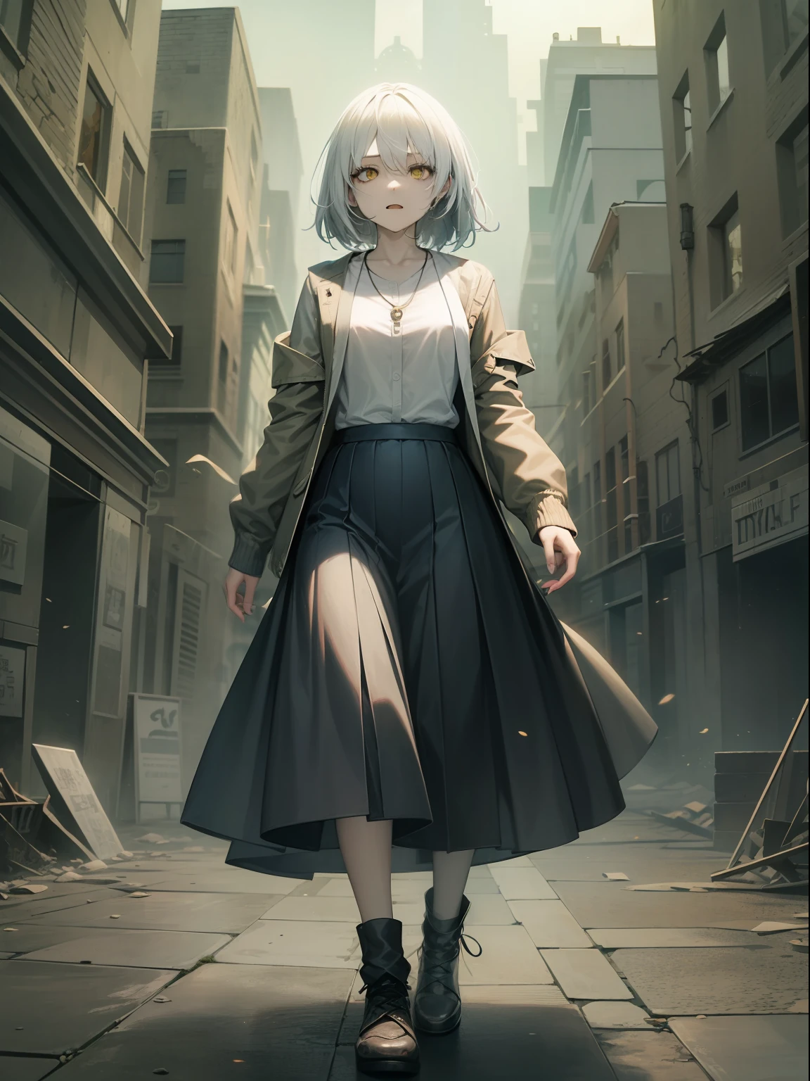 animesque 、One Woman、Composition of the whole body、White hair、white eyes,Dirty cardigan、Yellow pendant、long  skirt、zombie、sense of terror、Dynamism、raid、hightquality、top-quality、Empty look、Maniac look、Attacks,Background of a ruined city