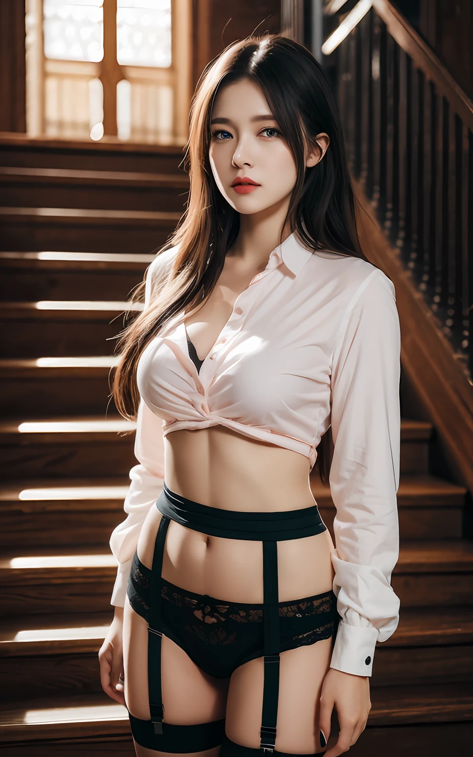 Highly detailed CG Unity 8k wallpaper, top quality, super detailed, masterpiece, realistic, photorealistic, highly detailed cute girl, 25 years old, (black garter belt), blush, parted lips, round eyes, medium breasts, viewer, full body shot , house, stairs , standing , casual shirt,