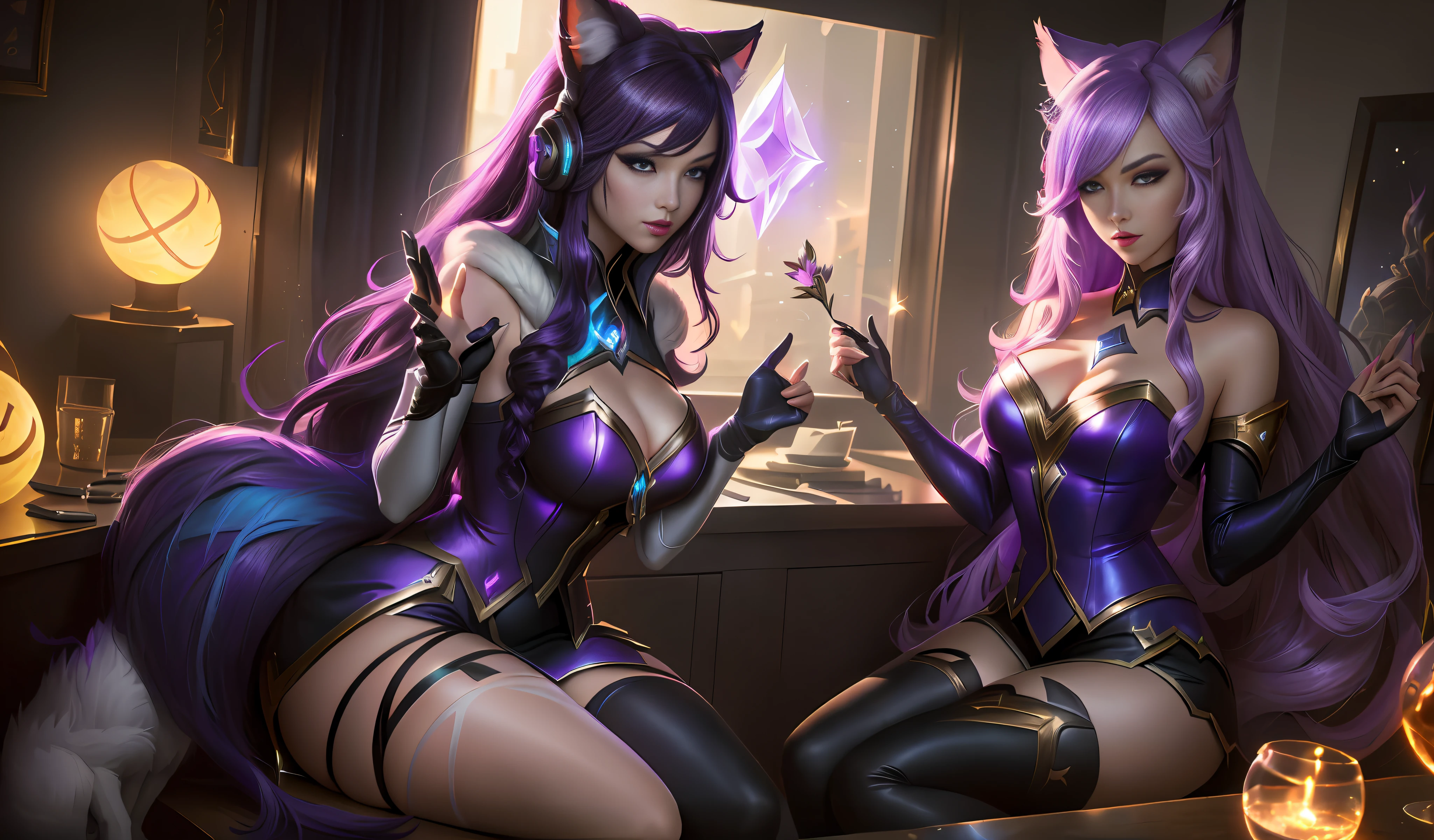 masterpiece, best quality, (extremely detailed CG unit 8k wallpaper), (best quality), (best illustration), (best shadow), absurdity, realistic lighting, (Abyss), mythological elements, (animal anthropomorphism), Kitsune, fox, (female soil), (maiden), pink cat eyes, mysterious pattern, (black and purple magic symbols), (long purple flowing hair), (bright purple hair), (hand detail), Ahri, void, kaisa, purple pallet,  League of legends art, League of legends void, League of legends splash art, sakimichan style, Jeremy Anninos style, ahri mixed with Kai'sa, 9 tailed fox, super new black hole people, at night, ultra realistic, concept art, intricate details, mysterious, highly detailed, photorealistic, octane rendering, 8k, unreal engine. art by Artgerm and Greg Rutkowski, Anime, a woman with purple hair and a black outfit stands in front of a purple background, Kaisa from League of Legends, League of Legends Concept Art, Splash Art, League of Legends Art, League of Legends Splash Art, League of Legends Character Art, Katarina, Ahri, League of Legends Style Art,  Iconic Character Splash Art