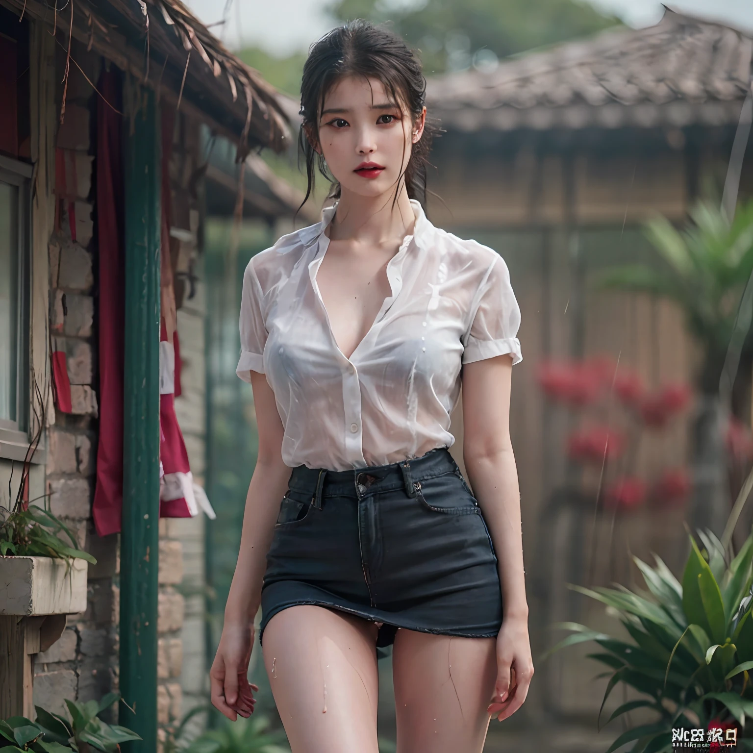 nikon RAW photo,8 k,Fujifilm XT3,photorealistic,realistic, solo, photorealistic, best quality, ultra high res, (skin spots:0.1) serious expression, , standing against a motel, short, wet and tight see through shirt,Suit miniskirt beautiful, masterpiece, best quality, extremely detailed face, perfect lighting, solo,1girl, sexy sight best quality, ultra high res, photorealistic, ultra detailed, masterpiece, best quality, iu1, big buttocks, trying to make me go with her to make us feel a little high in temperature