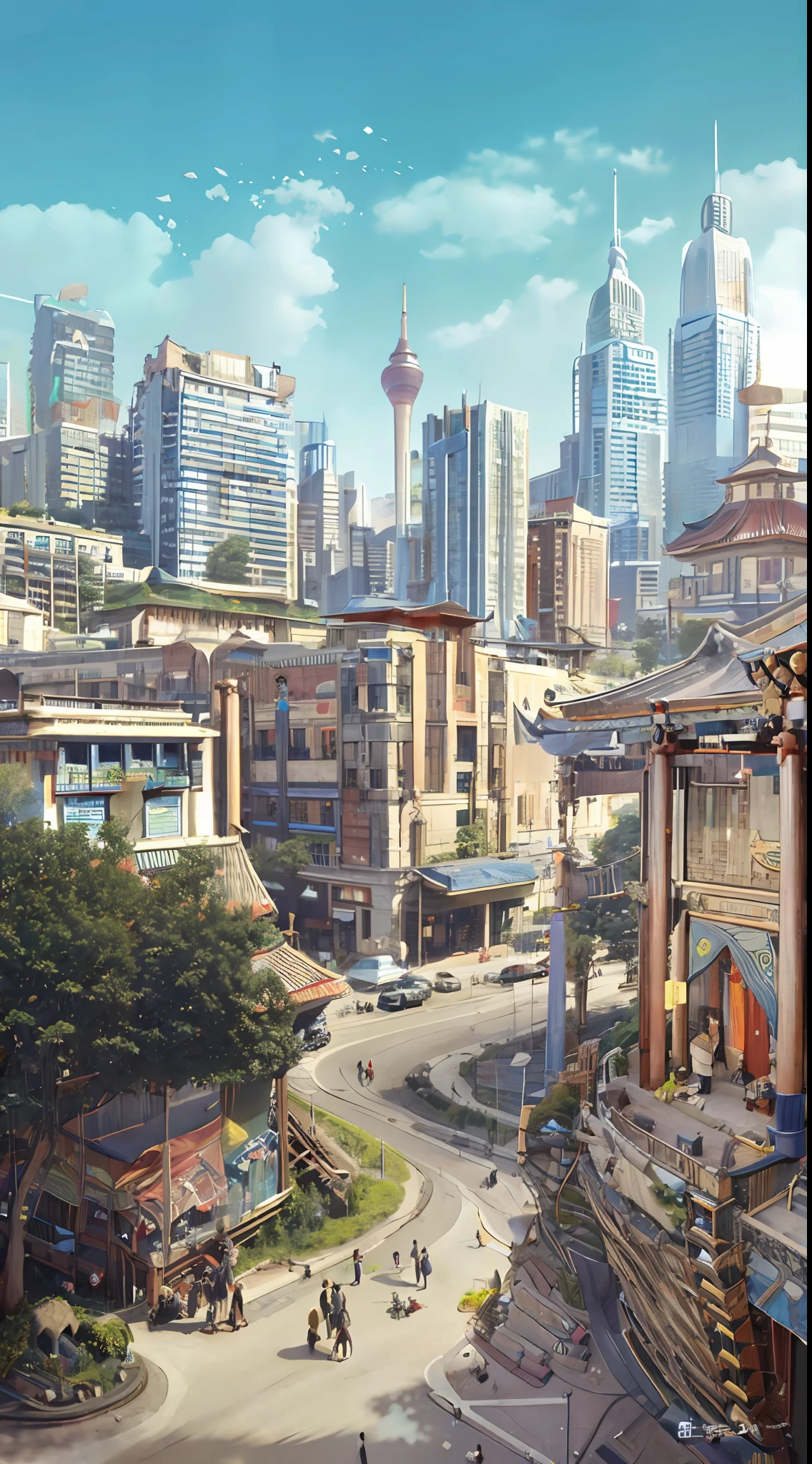 City scene of people and vehicles on busy street, urban concept art, in a tropical and dystopic city, Stylized urban fantasy artwork, 4k highly detailed digital art, Beautiful city of the future, 4K detailed digital art, realistic painting of a complex, hd anime cityscape, town background, background artwork, Beautiful digital artwork,China-style,Chinese anime style
