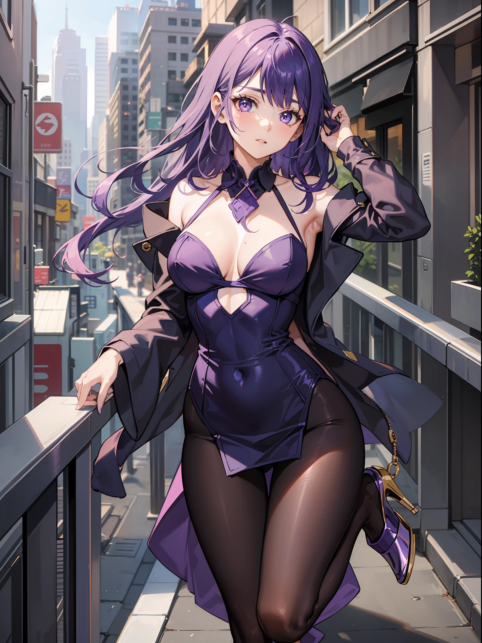Gorgeous Hair in Long Purple,The purple suit crossed its hands at the waist,Purple pantyhose,Purple high heels,Eight figures inside the feet
