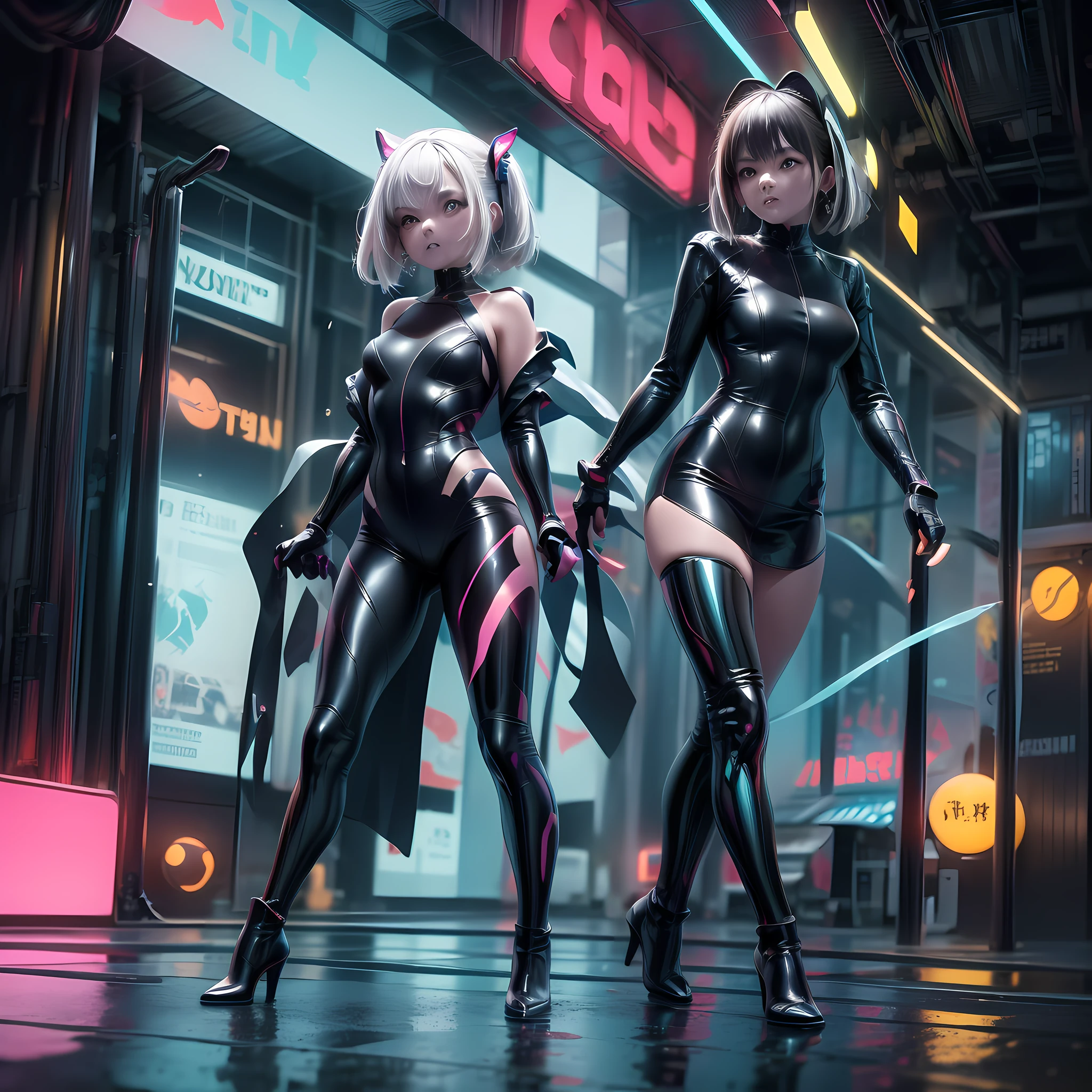 "(A woman strolling through the neon-lit streets:1.2, in a cyberpunk city:1.2, wearing translucent attire:1.1 and high heels:1.1), immersed in the futuristic cityscape, amidst the vibrant glow of neon lights, with reflections on the glistening wet pavements."