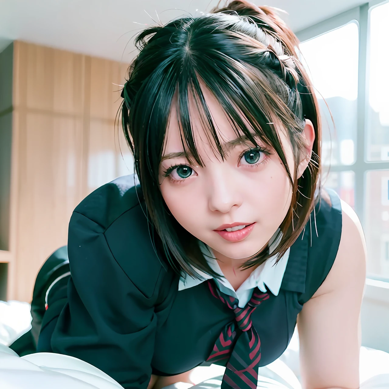 There is a woman sitting on the bed sticking out her tongue, real life anime girl, seductive tifa lockhart portrait, photorealistic anime girl render, photorealistic anime, a hyperrealistic schoolgirl, Hyper realistic anime, a hyperrealistic schoolgirl, Seductive Anime Girl, Ilya Kuvshinov. 4 k, realistic young anime girl, 3 d anime realistic