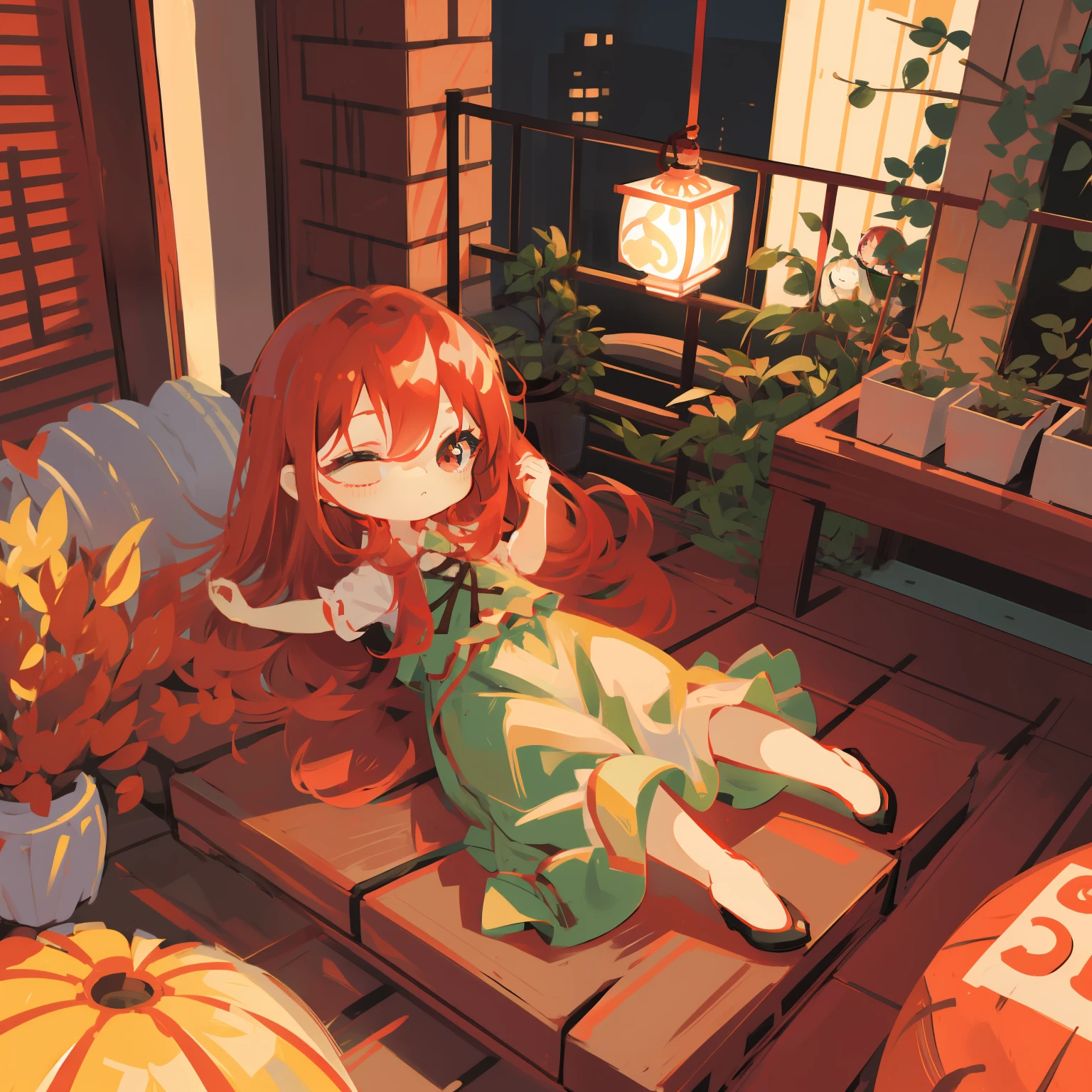 masutepiece, Fine detail, 4K, 8K, 12K, Solo, One Person, Beautiful Girl, caucasian female, Red Bell, Red-haired、green ceramic dress、White drawer、Chibi, Deformed, Sleeping face, Nose lantern