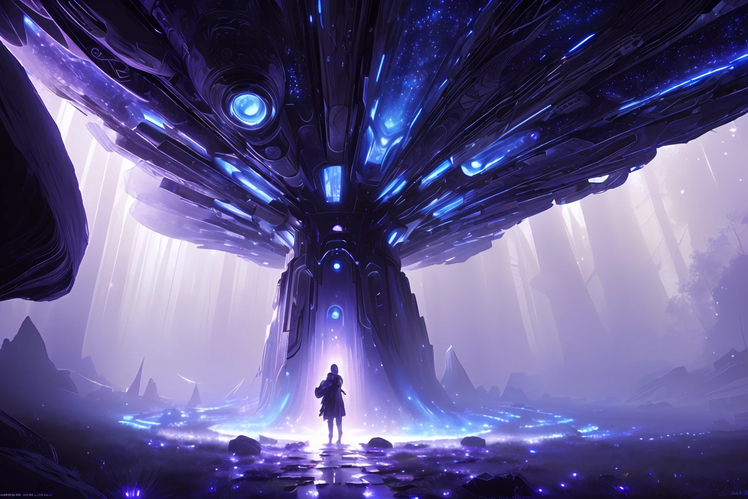 (masterpiece, best quality, detailed:1.4), cinematic digital painting wallpaper of a lone futuristic explorer+ standing in an epic dark cave filled with glowing otherworldly mushrooms, magical, (volumetric lighting)++, (light filtering through fog)++, HDR++, (soft focus)+++, (character focus)+