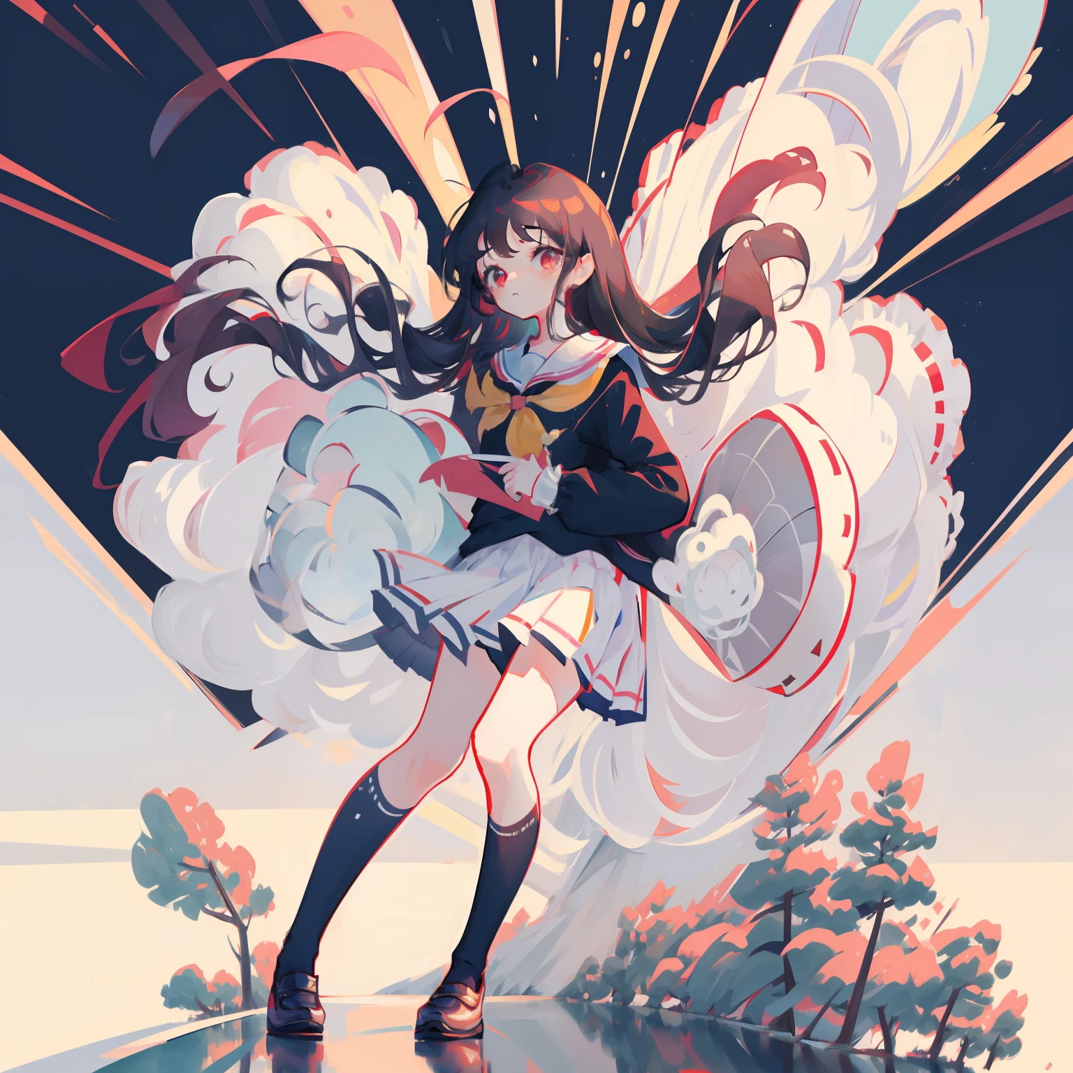 Depiction of a young woman with long hair holding a briefcase, 1 girl, solo, Reimu Hakurei, school uniform, Gohei, skirt, shoes, Serafuku, white sailor uniform, socks, Mary Janes, school background, different costume, long sleeves, black hair, full body, looking at viewer, long hair