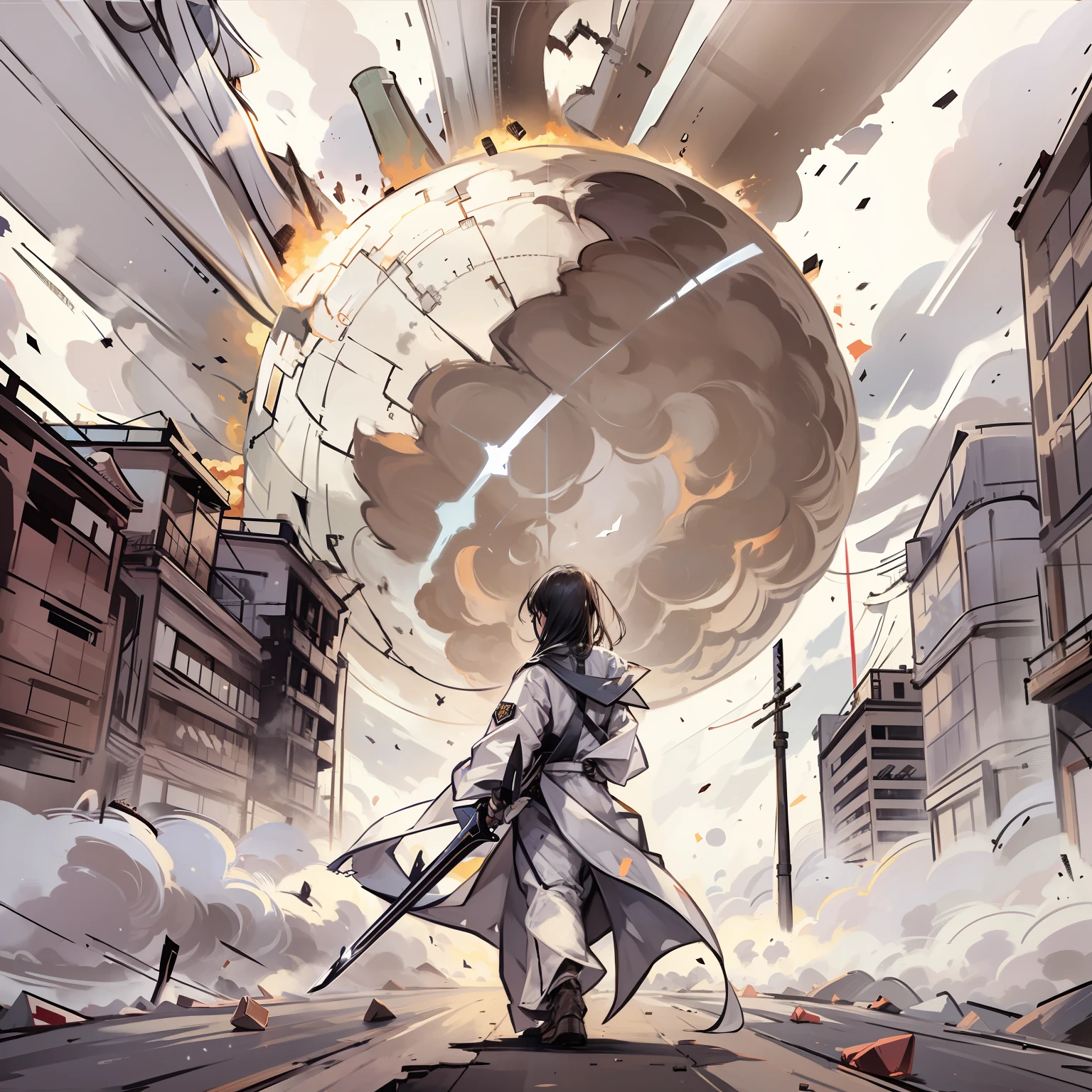 The sky and the earth are gray,Nuclear explosion,Little by little, the city is shattered,Long haired man in white,holding a longsword,pointing straight ahead,Show