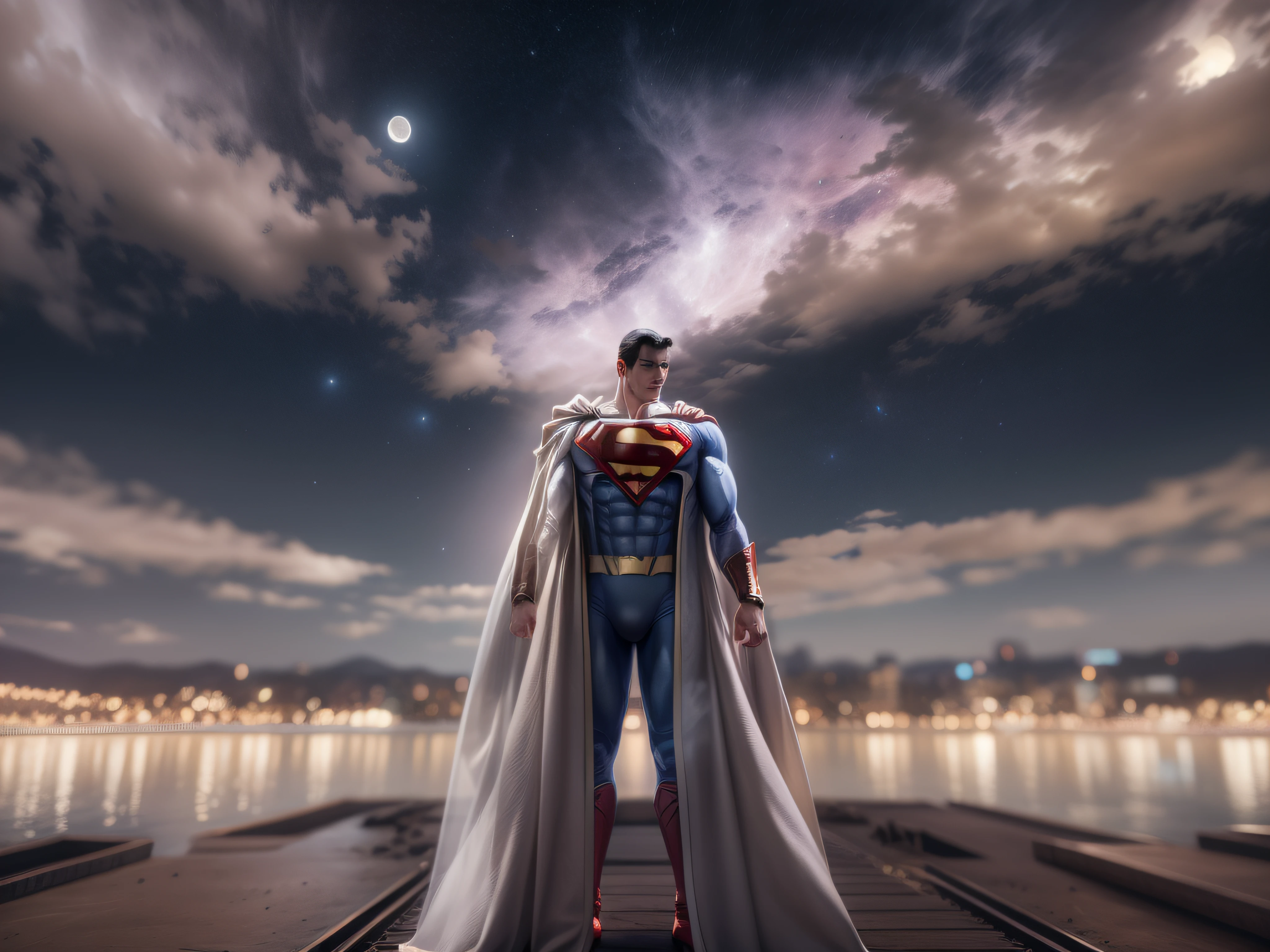 Close a powerful threat, The imposing appearance of the powerful Superman dressed in white and beige uniform, menacing stare, ricamente detalhado, Hiper realista, 3D-rendering, obra-prima, NVIDIA, RTX, ray-traced, Bokeh, Night sky with a huge and beautiful full moon, estrelas brilhando, 8k,