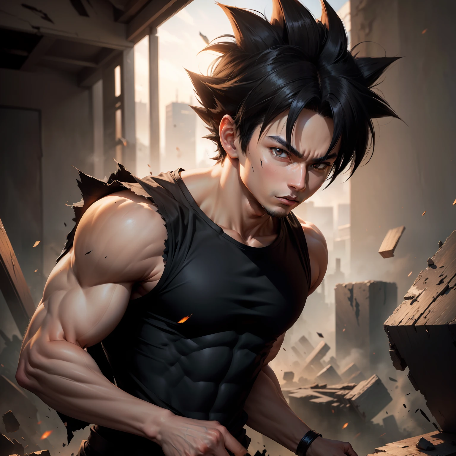 ((masterpiece, best quality)),(complex light), 1boy,solo,upper body, goku black,black hair,black eyes,  destroyed debris background,