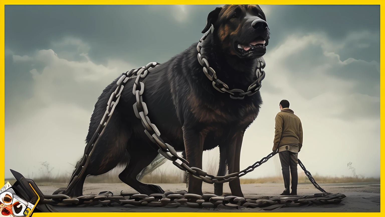 Araffe com correntes em uma corrente e um homem ao lado dela, cachorro louco em uma corrente, ainda de um filme live action, Directed by: Andrew Wroblewski, em estilo de ultra realista, Directed by: Adam Marczyński, grande cadeia, Directed by: Hristofor Zhefarovich, Directed by: Ivan Mrkvička