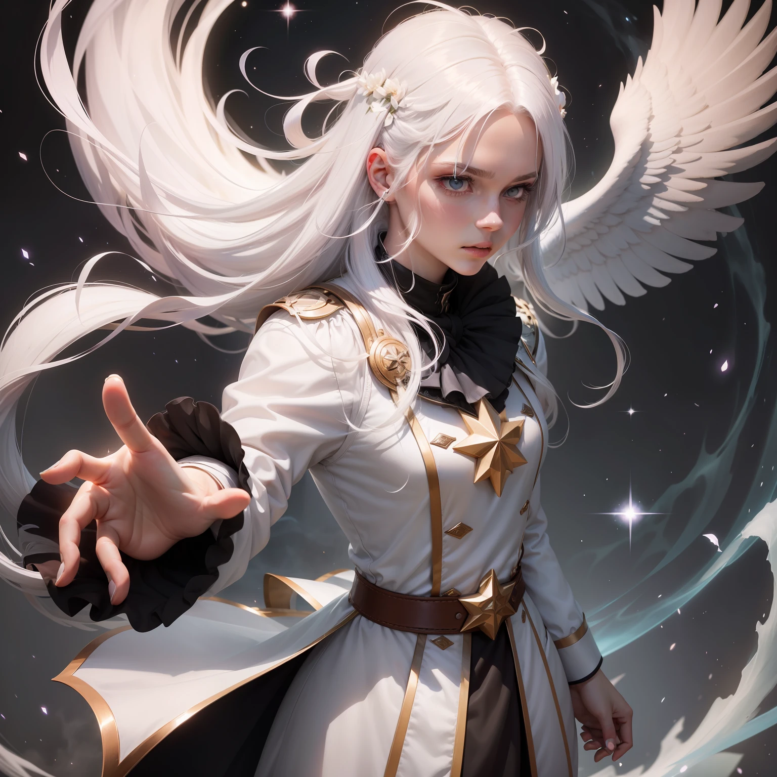 White hair, Sterne im Hintergrund, Rosa Aura um die Person, (magical charging attack)