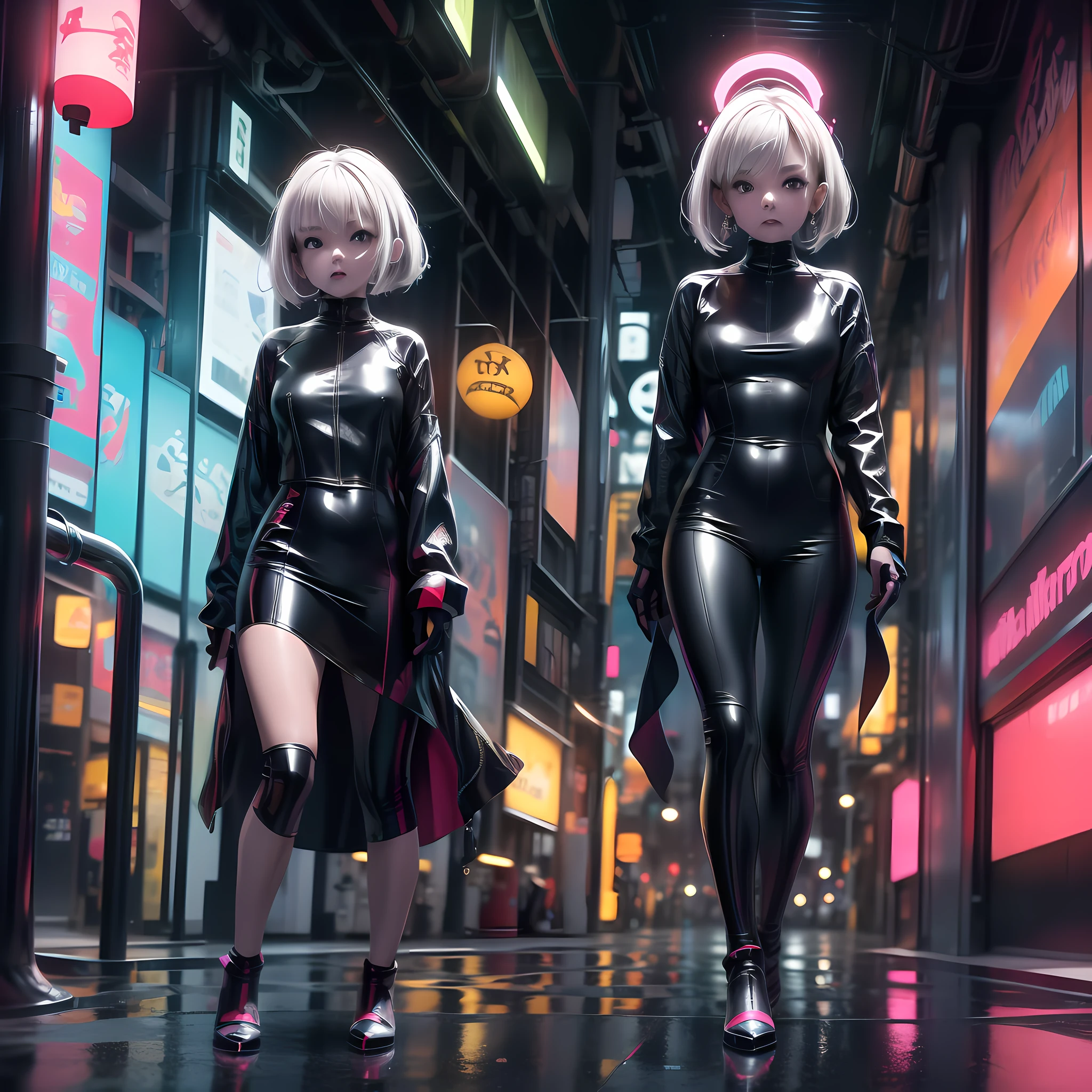 "(A woman strolling through the neon-lit streets:1.2, in a cyberpunk city:1.2, wearing translucent attire:1.1 and high heels:1.1), immersed in the futuristic cityscape, amidst the vibrant glow of neon lights, with reflections on the glistening wet pavements."