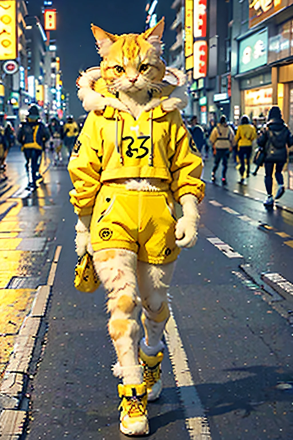 White female c4ttitude, Attentive eyes ,fur, challenger, agile, engaging, Fashion clothing,nylon, Fast paws,walking at street, (Tokyo Night Street Background 2021),Masterpiece, Best quality, Ultra-detailed,8K wallpaper,Hyper-Resolution， Unreal 5