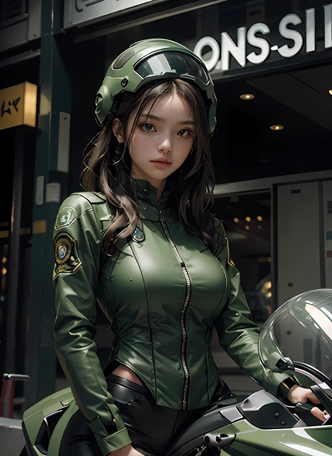 Highest image quality, outstanding details, ultra-high resolution, (realism: 1.4), the best illustration, favor details, highly condensed 1girl, with a delicate and beautiful face, dressed in a black and green mecha, wearing a mecha helmet, holding a directional controller, riding on a motorcycle, the background is a high-tech lighting scene of the future city.