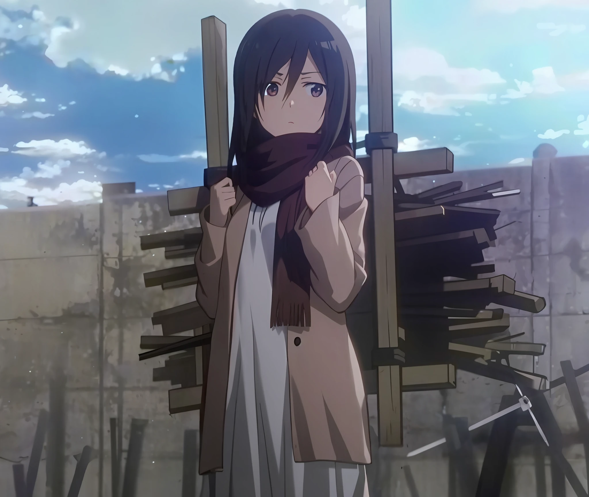 Anime girl holding sword and wooden box in front of the wall, mikasa ackerman, screenshot from a 2012s anime, (Attack on Titan anime), attack on titans, A scene from the《attack on titans》, still from tv anime, screenshot from the anime film, in the anime film, animated still, screenshot from guro anime, anime movie screenshot