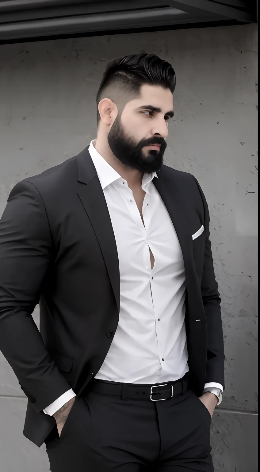 Hombre varonil con barba y ropa elegante  parado frente a un edificio,  cuerpo musculoso, enfoque en el pectoral, pectorales grandes, pectorales sin vello, cara definida, obra de arte, pelo cepillado, piel morena